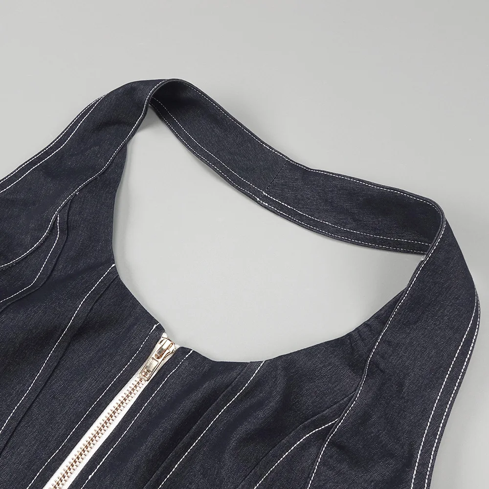 2025 New Women Celebrity Sexy Backless Halter Blue Zipper Denim Maxi Long Gowns Dress Elegant Evening Party Club Vestido