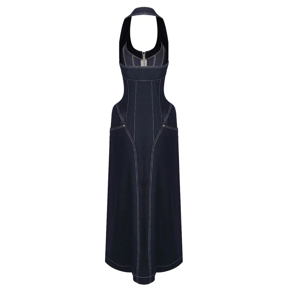 2025 New Women Celebrity Sexy Backless Halter Blue Zipper Denim Maxi Long Gowns Dress Elegant Evening Party Club Vestido
