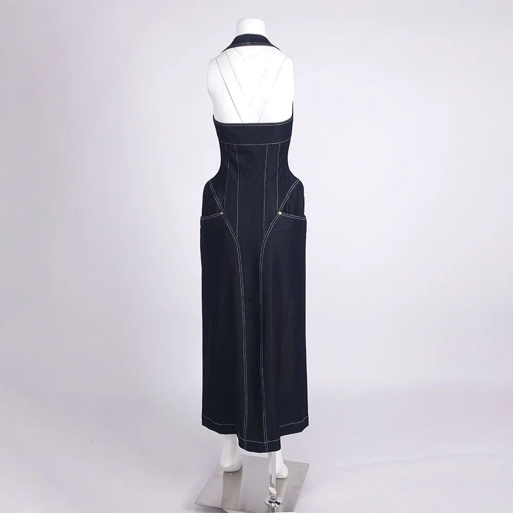 2025 New Women Celebrity Sexy Backless Halter Blue Zipper Denim Maxi Long Gowns Dress Elegant Evening Party Club Vestido