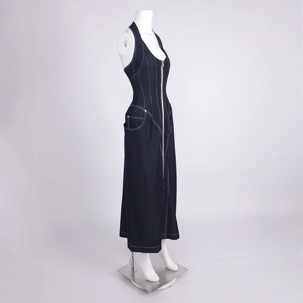2025 New Women Celebrity Sexy Backless Halter Blue Zipper Denim Maxi Long Gowns Dress Elegant Evening Party Club Vestido