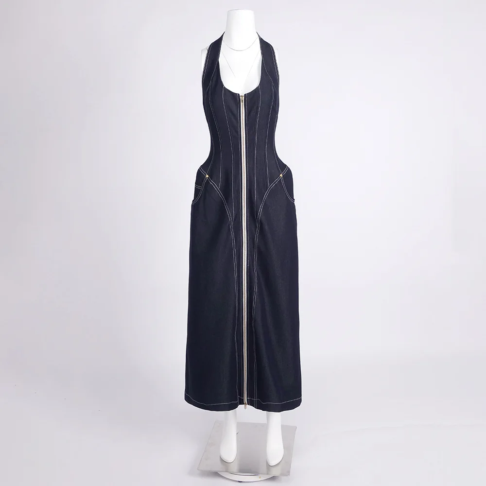 2025 New Women Celebrity Sexy Backless Halter Blue Zipper Denim Maxi Long Gowns Dress Elegant Evening Party Club Vestido