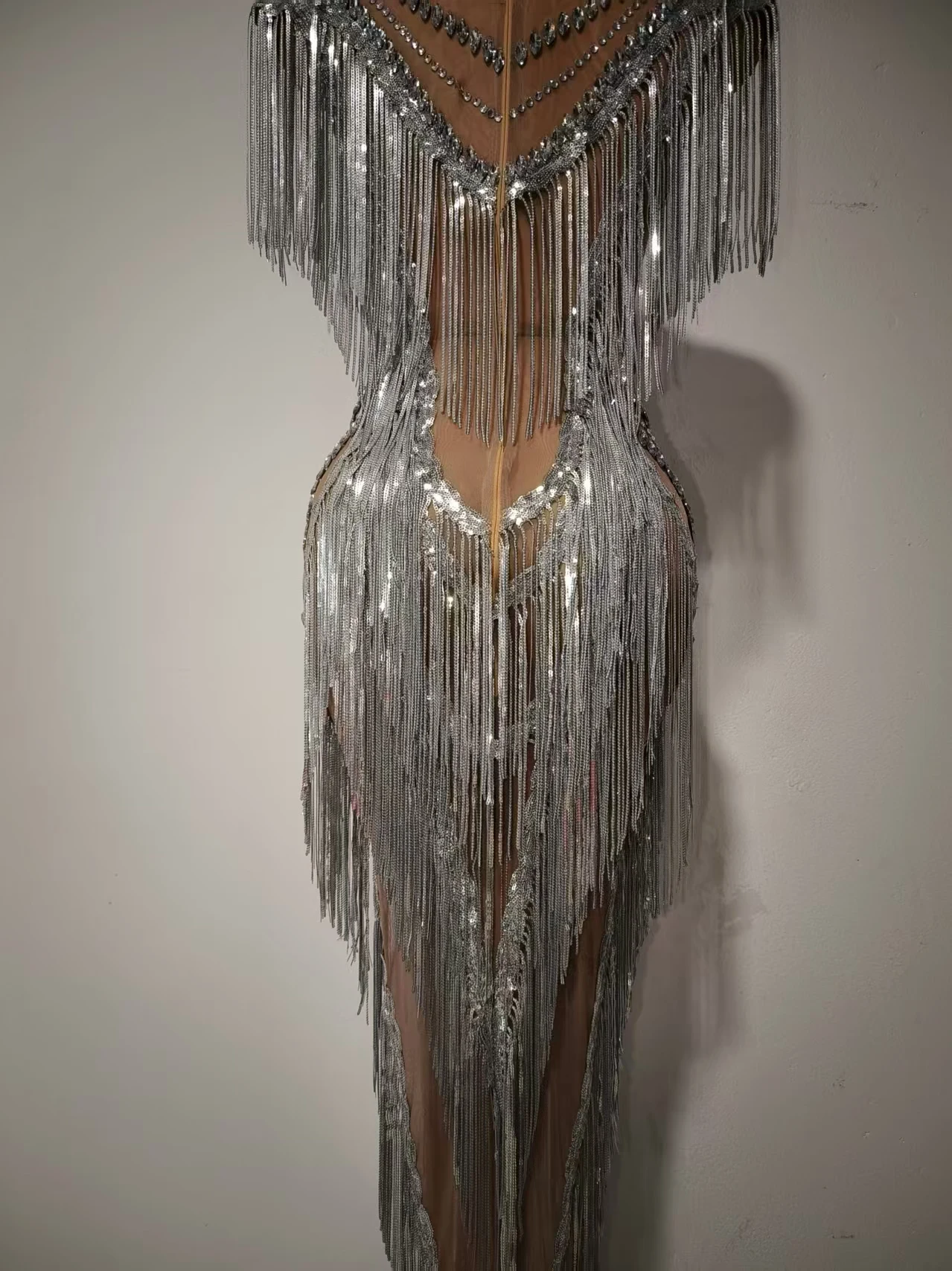 Women Sexy Mesh Sparkly Rhinestone Tassels Stretch Long Dress Evening Nightclub Singer Dance Stage Costume Luxury Birthday Gowns