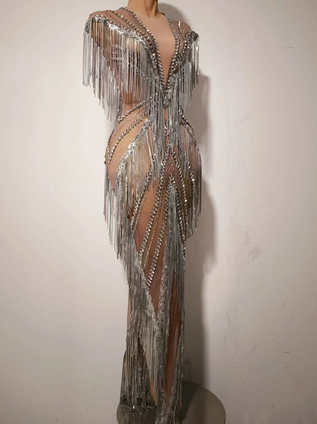 Women Sexy Mesh Sparkly Rhinestone Tassels Stretch Long Dress Evening Nightclub Singer Dance Stage Costume Luxury Birthday Gowns
