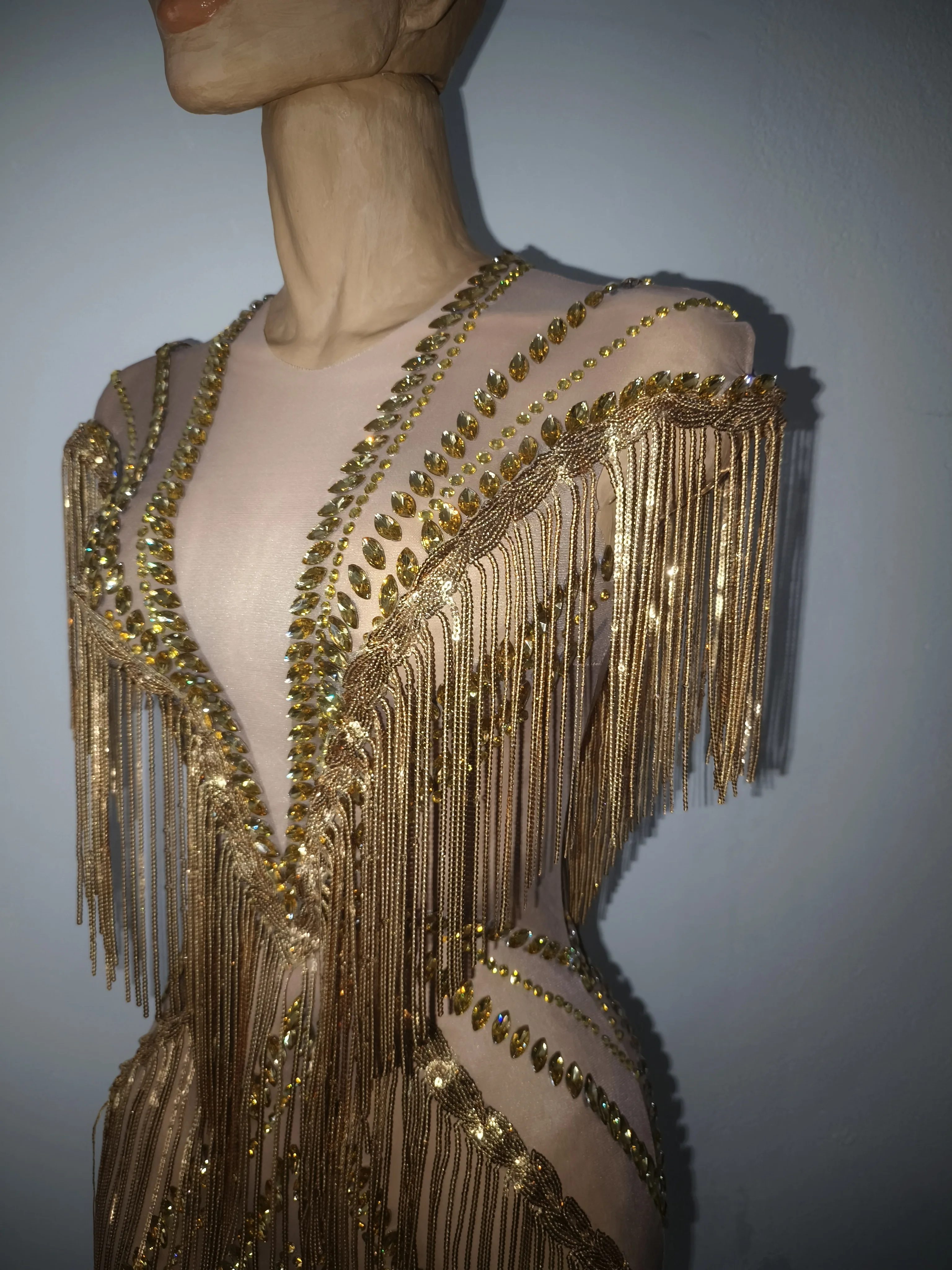 Women Sexy Mesh Sparkly Rhinestone Tassels Stretch Long Dress Evening Nightclub Singer Dance Stage Costume Luxury Birthday Gowns