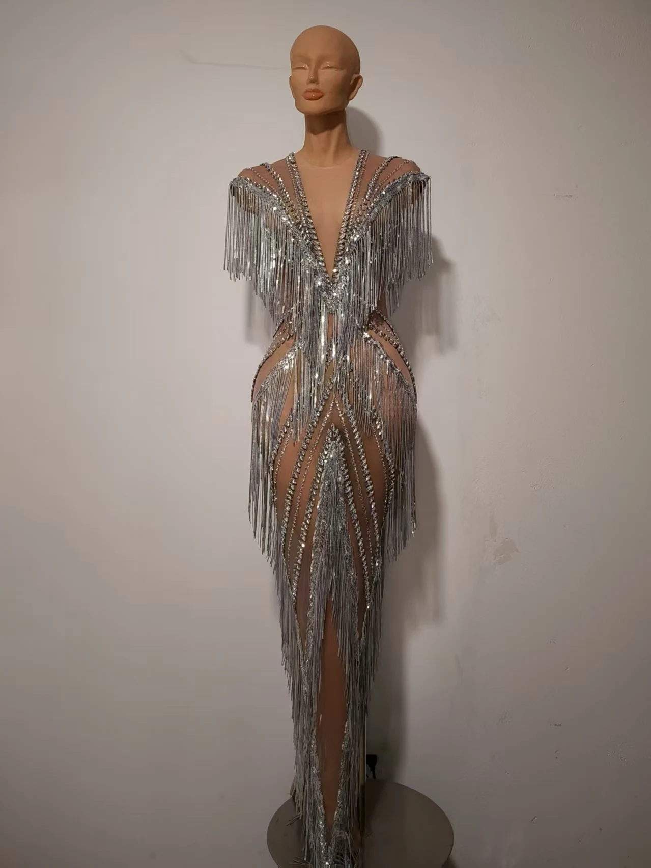 Women Sexy Mesh Sparkly Rhinestone Tassels Stretch Long Dress Evening Nightclub Singer Dance Stage Costume Luxury Birthday Gowns