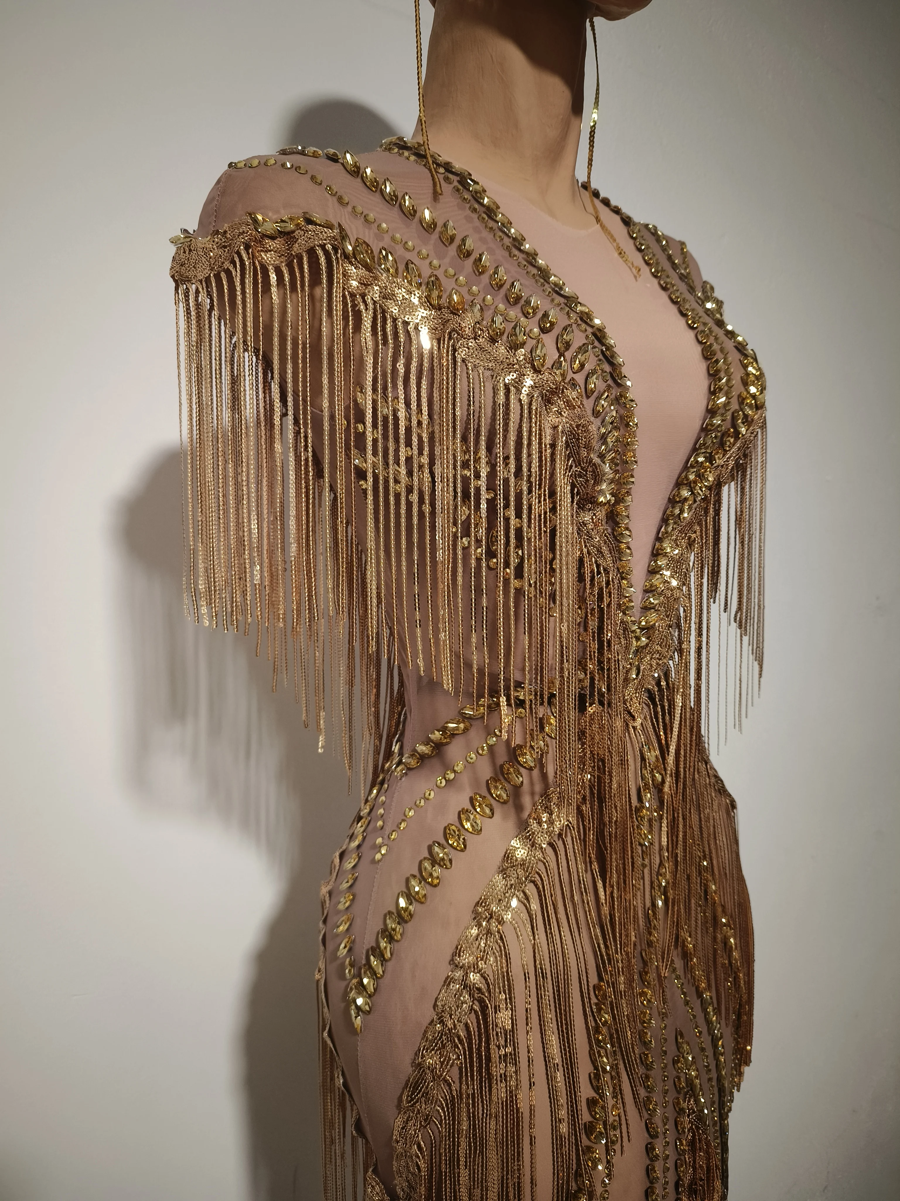 Women Sexy Mesh Sparkly Rhinestone Tassels Stretch Long Dress Evening Nightclub Singer Dance Stage Costume Luxury Birthday Gowns