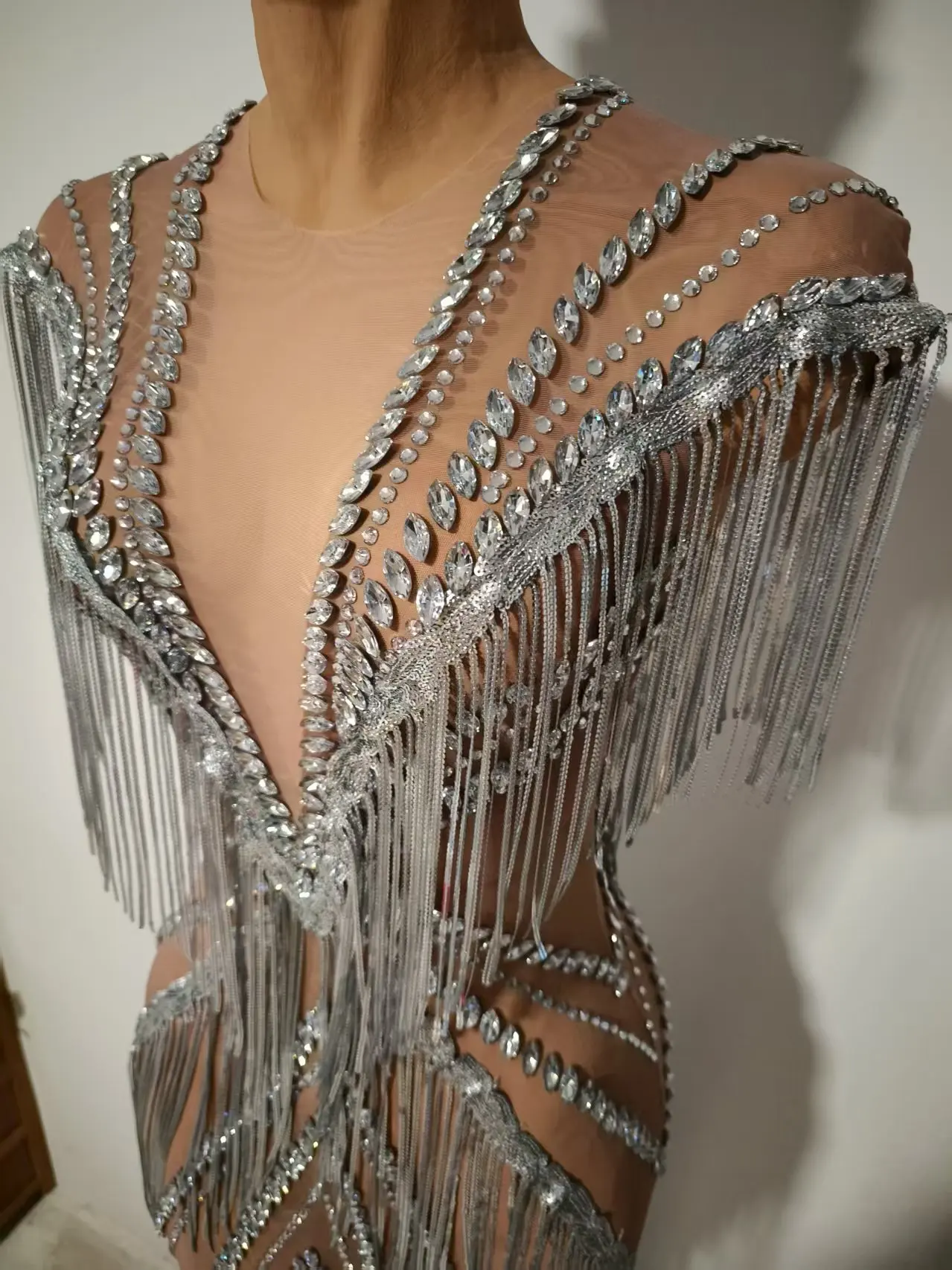 Women Sexy Mesh Sparkly Rhinestone Tassels Stretch Long Dress Evening Nightclub Singer Dance Stage Costume Luxury Birthday Gowns