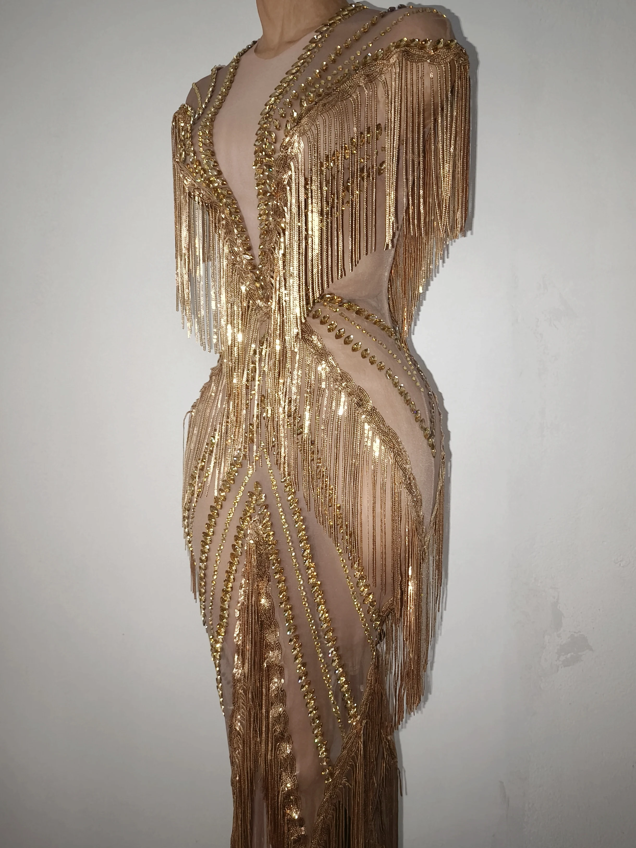 Women Sexy Mesh Sparkly Rhinestone Tassels Stretch Long Dress Evening Nightclub Singer Dance Stage Costume Luxury Birthday Gowns