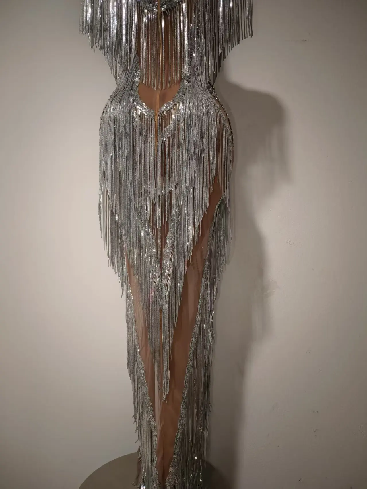 Women Sexy Mesh Sparkly Rhinestone Tassels Stretch Long Dress Evening Nightclub Singer Dance Stage Costume Luxury Birthday Gowns