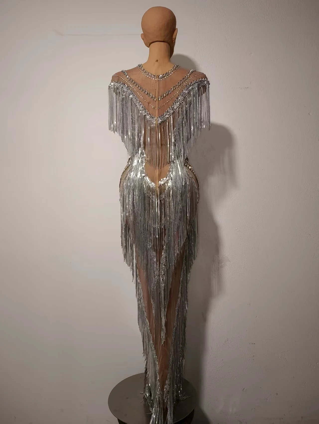 Women Sexy Mesh Sparkly Rhinestone Tassels Stretch Long Dress Evening Nightclub Singer Dance Stage Costume Luxury Birthday Gowns