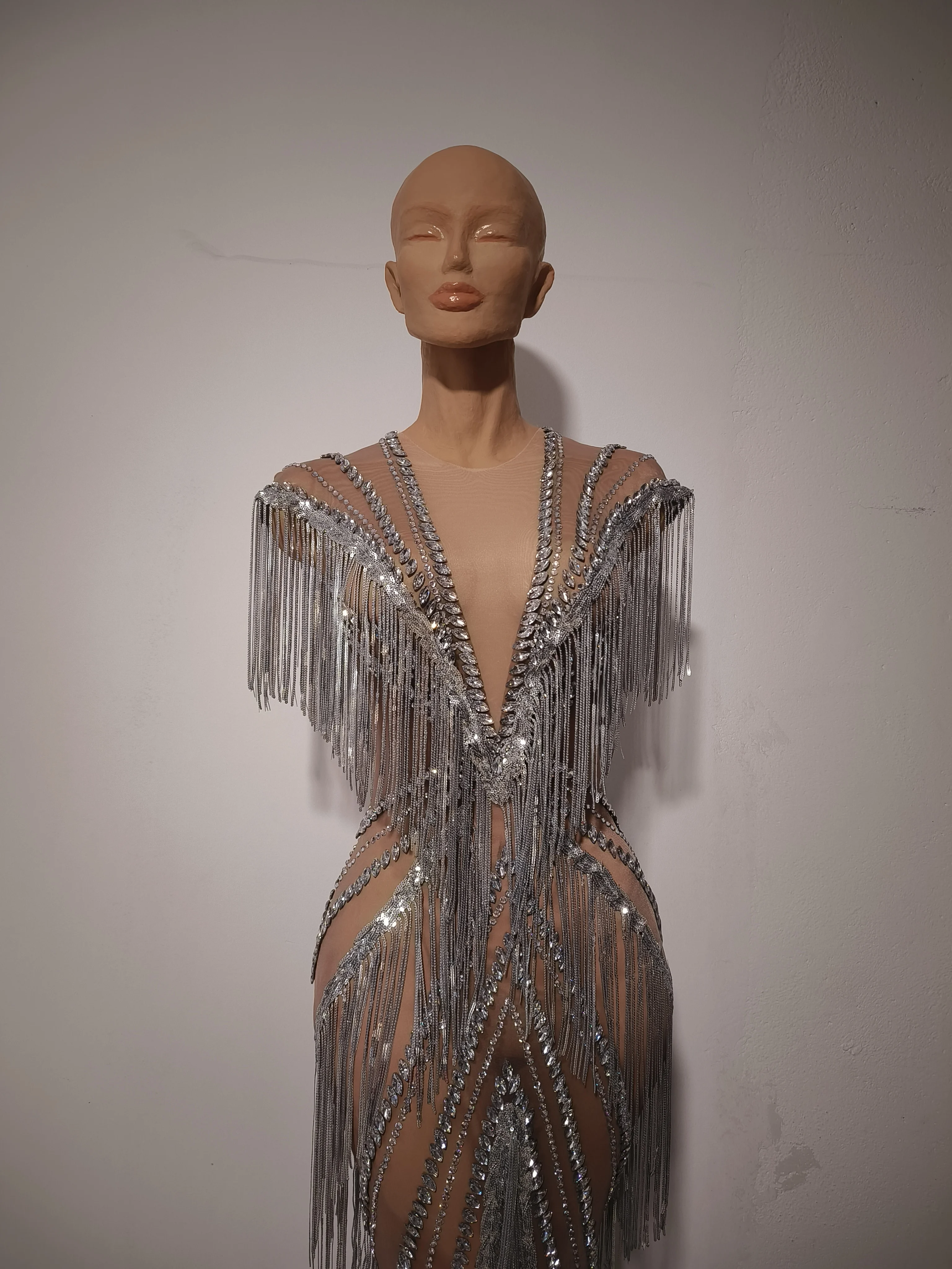Women Sexy Mesh Sparkly Rhinestone Tassels Stretch Long Dress Evening Nightclub Singer Dance Stage Costume Luxury Birthday Gowns