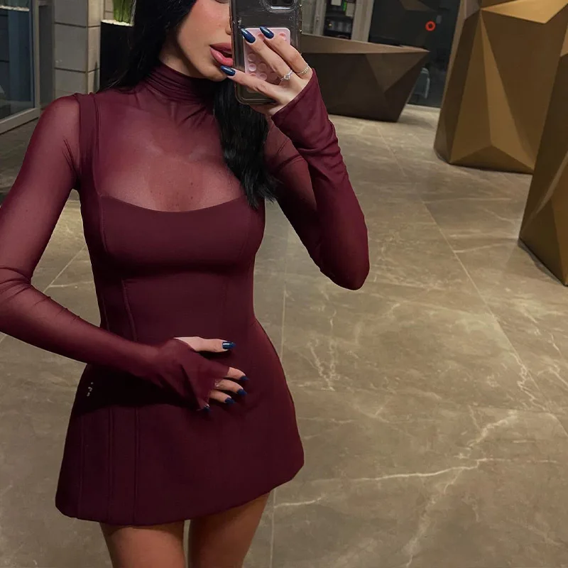DSMTRC Mesh Patchwork Mini Dress For Women Party Elegant Evening Vestidos Fashion Lace Long Sleeve Turtleneck Slim Short Dresses