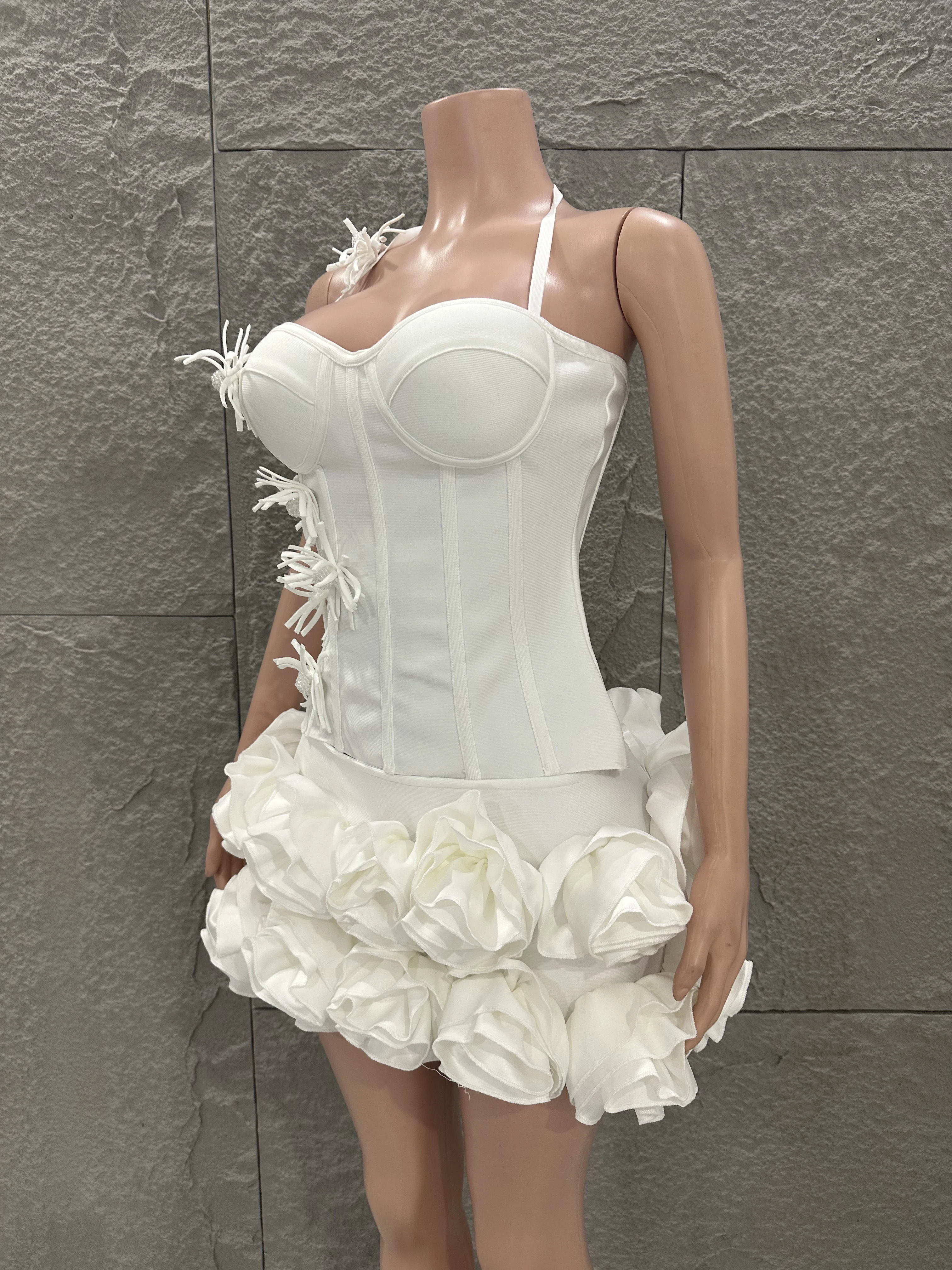 White Red Rose Color Women Sexy Strapless Full Florla Bodycon Mini Bandage Dress 2 Pieces Set Celebrate Nightclub Party Birthday