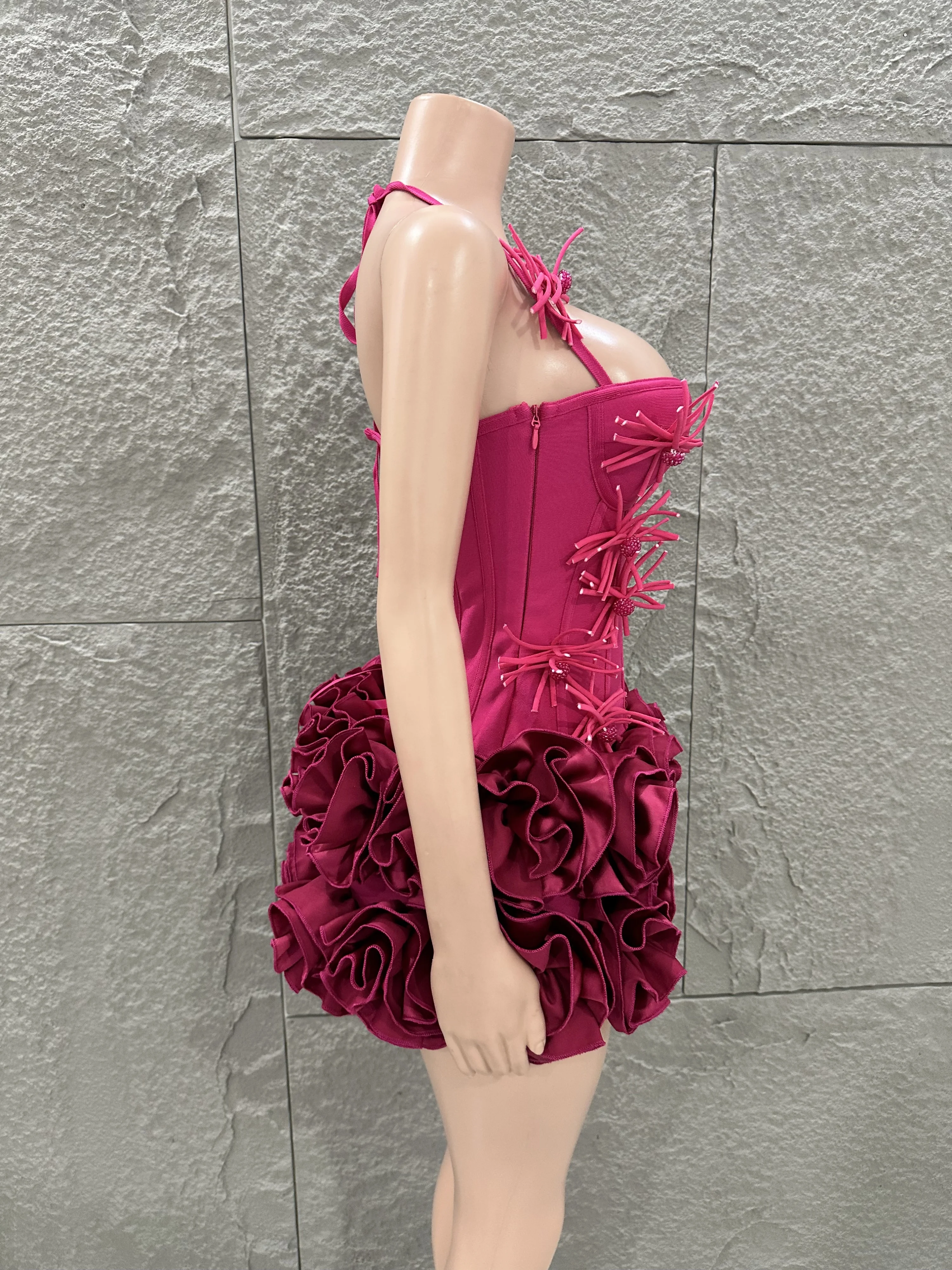 White Red Rose Color Women Sexy Strapless Full Florla Bodycon Mini Bandage Dress 2 Pieces Set Celebrate Nightclub Party Birthday