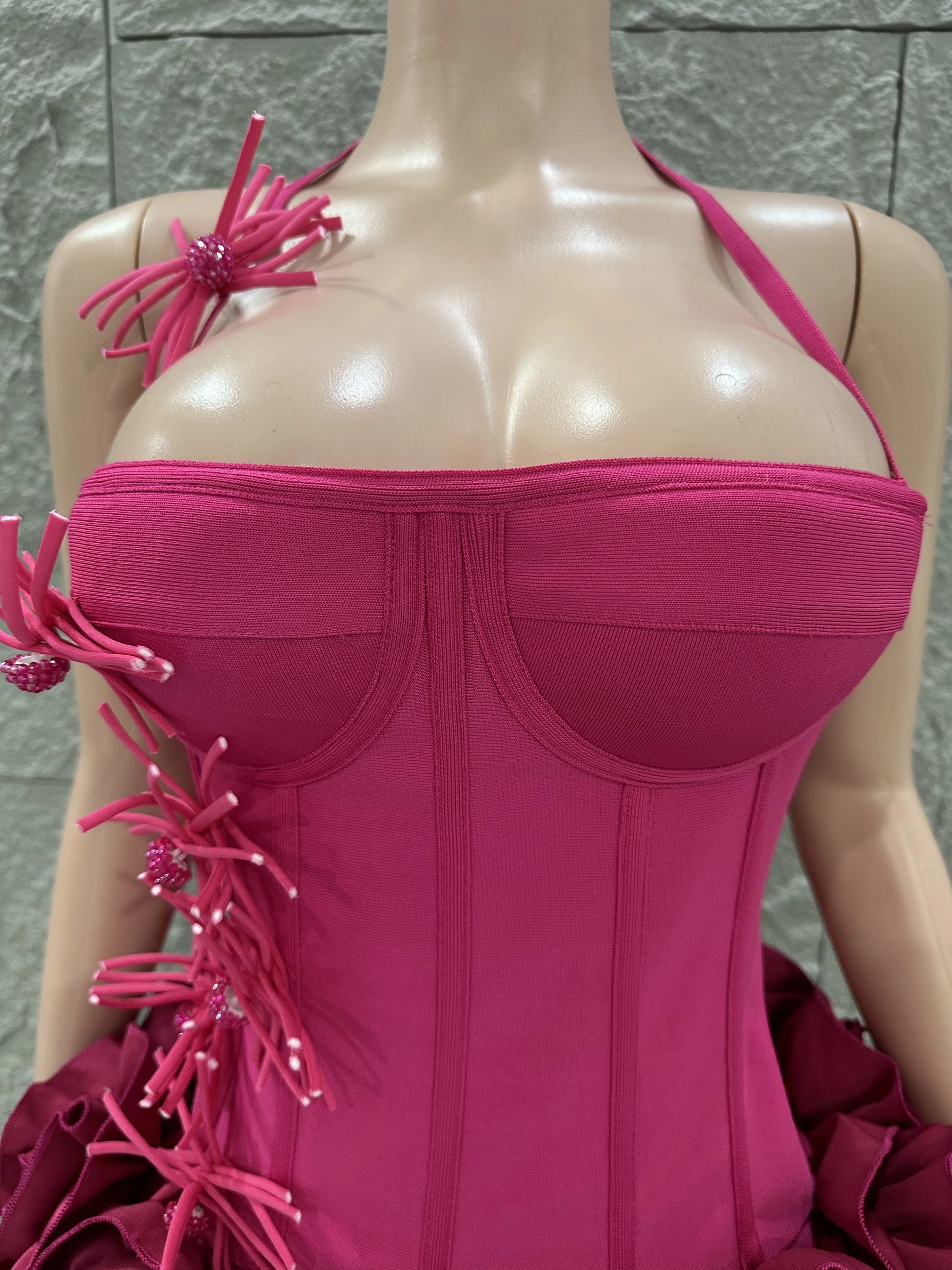 White Red Rose Color Women Sexy Strapless Full Florla Bodycon Mini Bandage Dress 2 Pieces Set Celebrate Nightclub Party Birthday