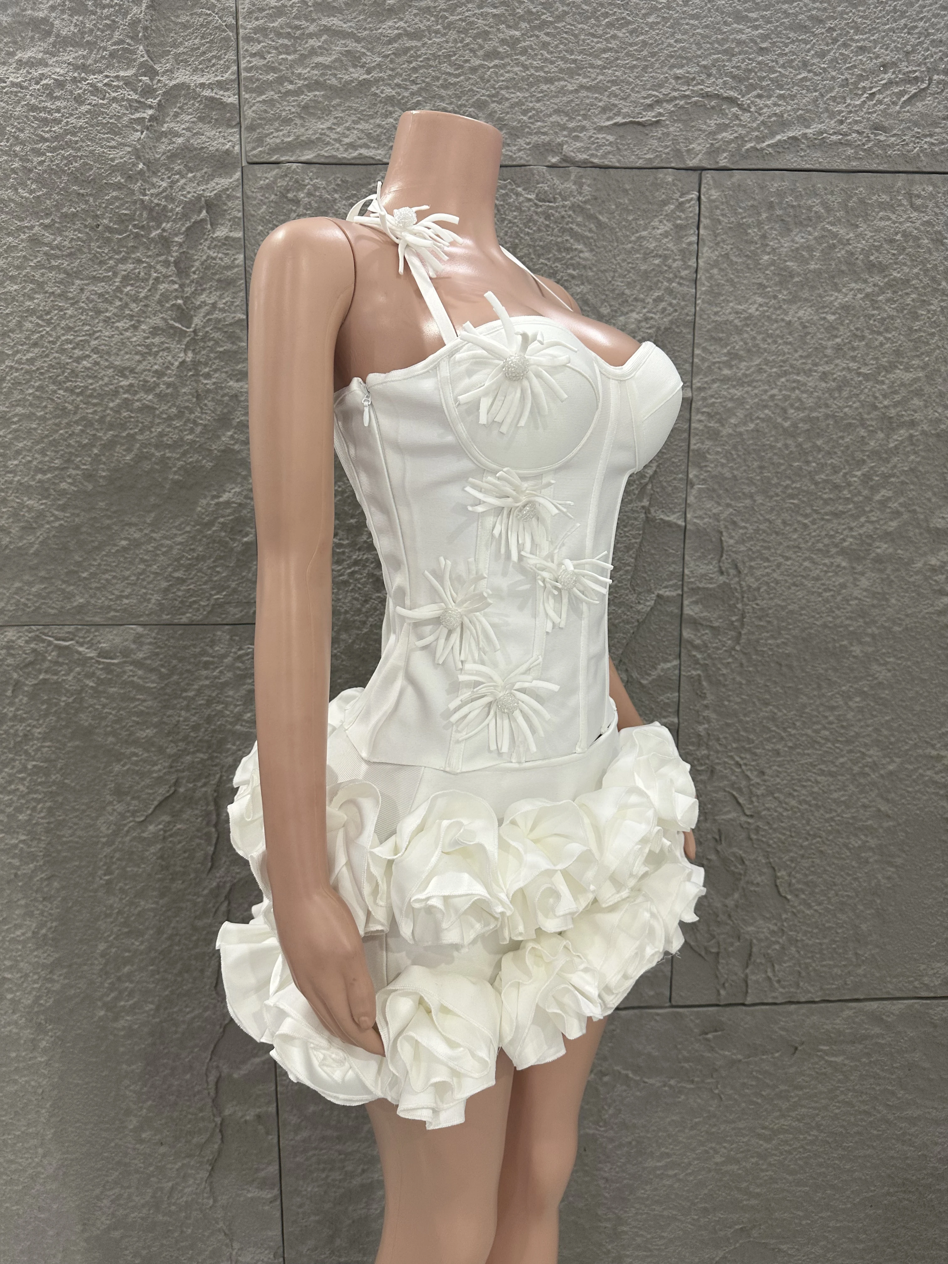 White Red Rose Color Women Sexy Strapless Full Florla Bodycon Mini Bandage Dress 2 Pieces Set Celebrate Nightclub Party Birthday