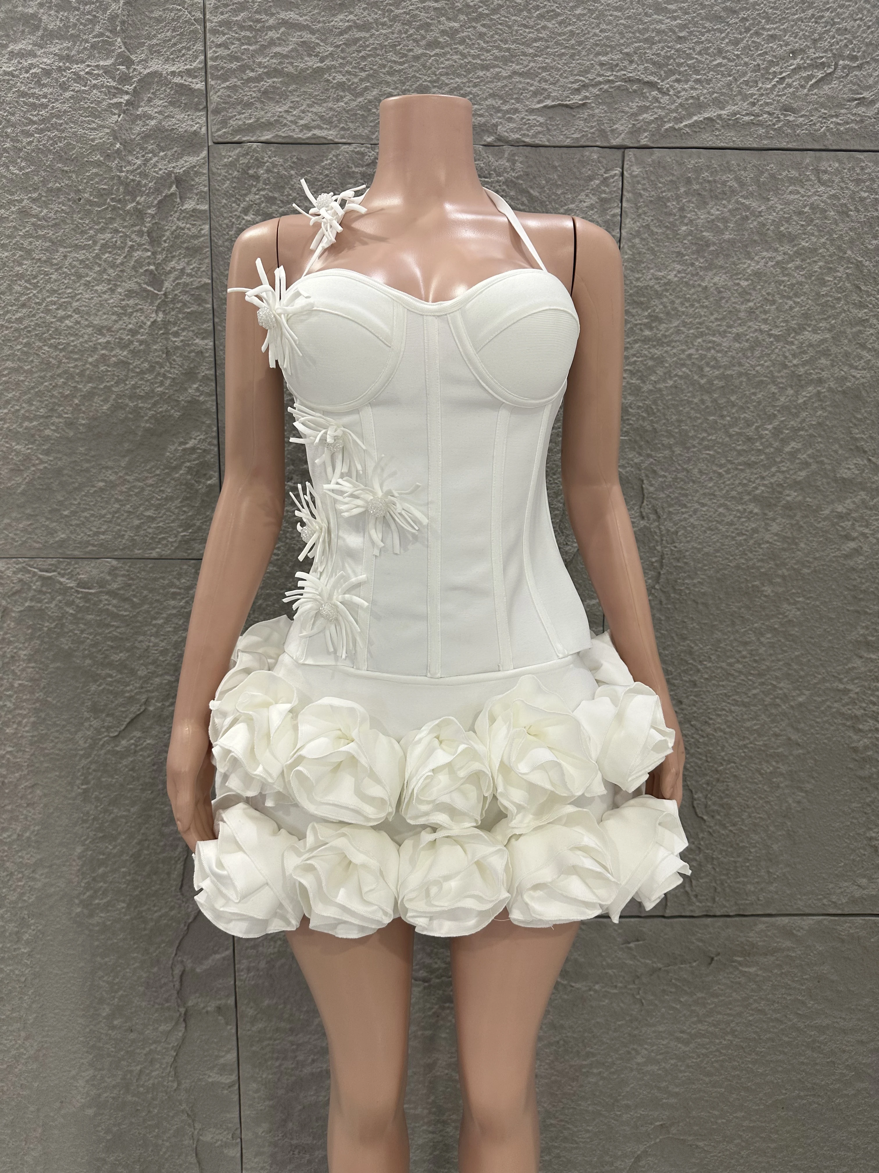 White Red Rose Color Women Sexy Strapless Full Florla Bodycon Mini Bandage Dress 2 Pieces Set Celebrate Nightclub Party Birthday