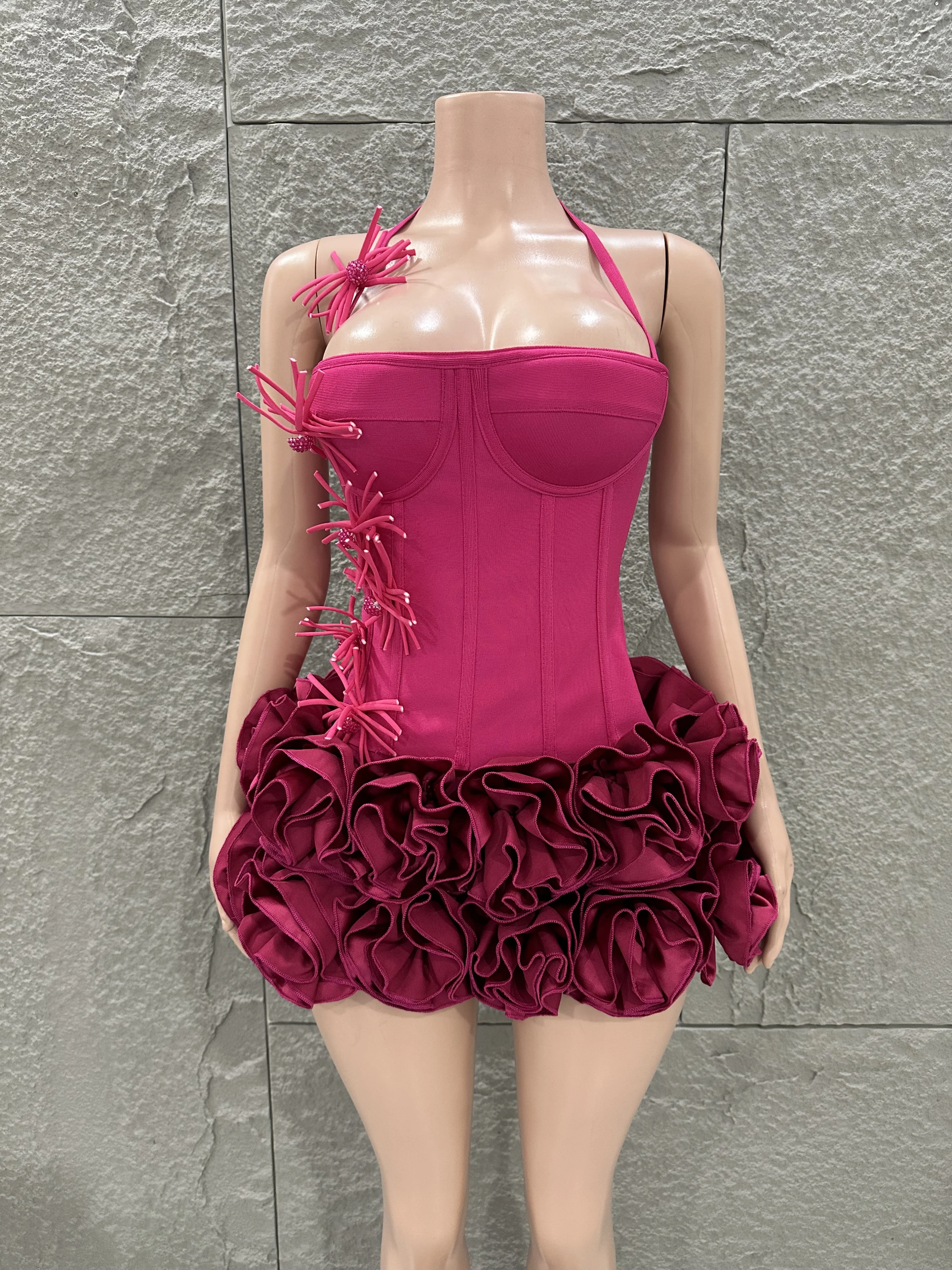 White Red Rose Color Women Sexy Strapless Full Florla Bodycon Mini Bandage Dress 2 Pieces Set Celebrate Nightclub Party Birthday