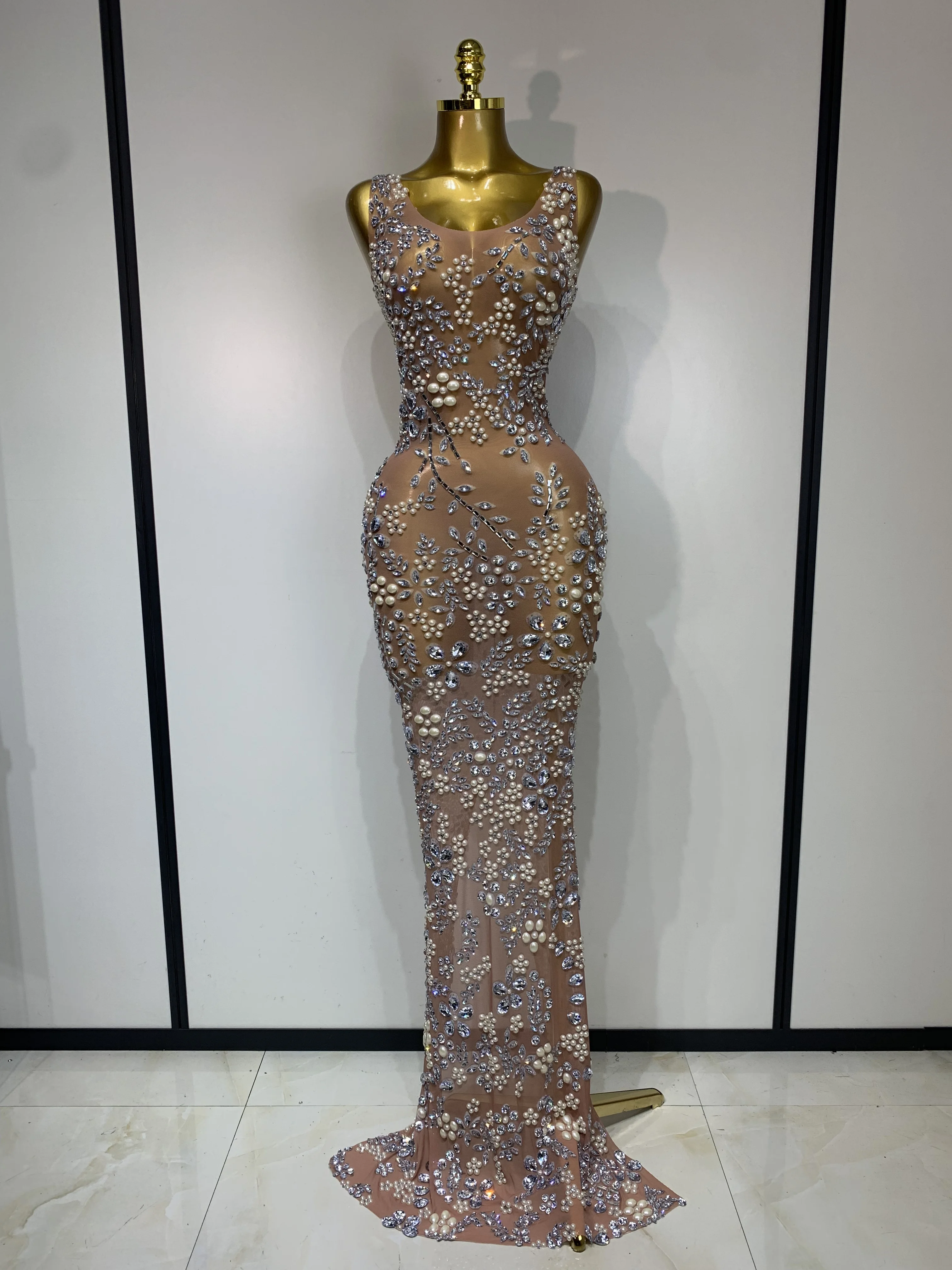 Women Lxury Diamonds Mesh See Through Long Dress Celebrity Elegant Evening Party Fancy Club Dress Singer Performance Costume