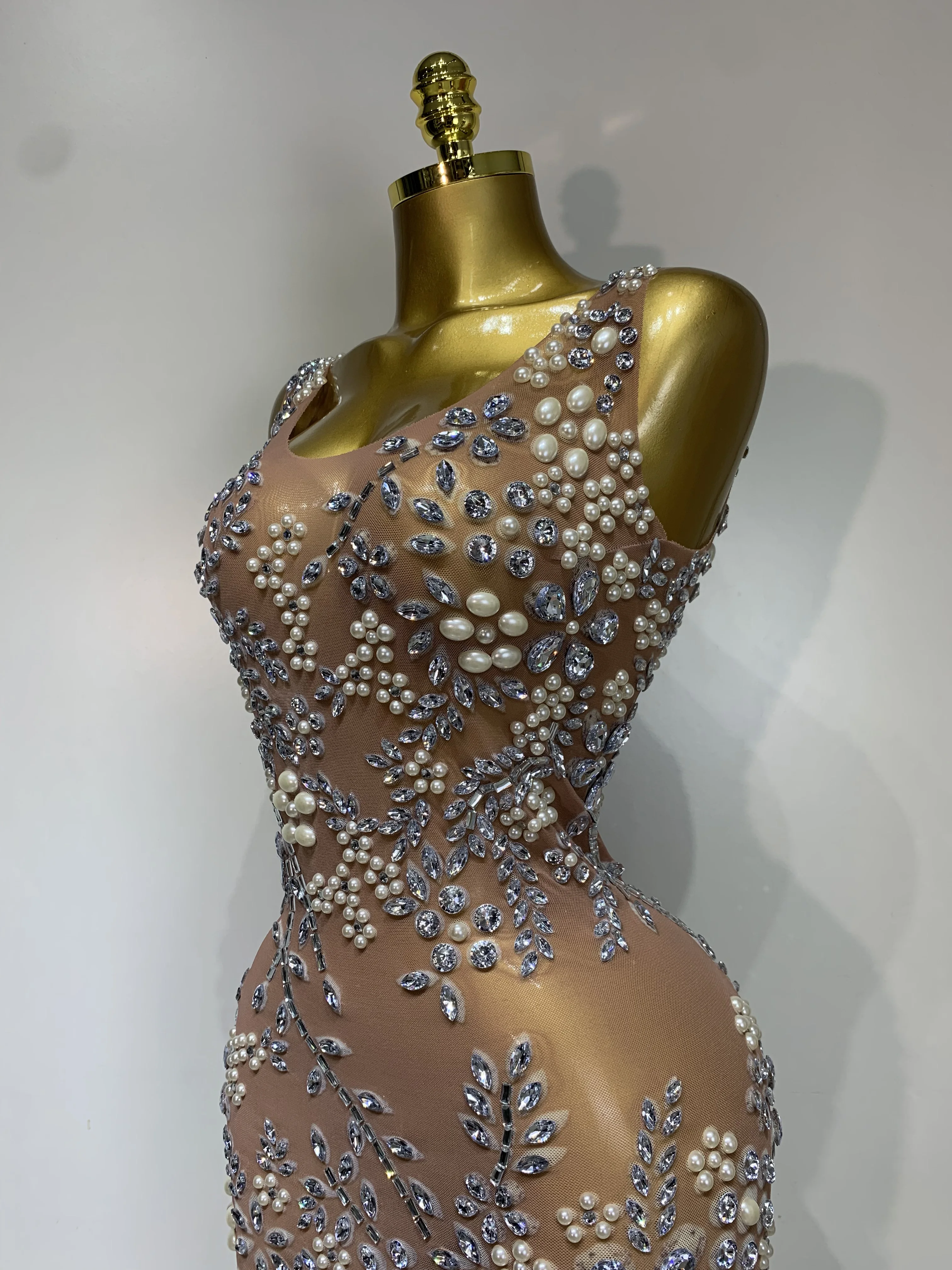 Women Lxury Diamonds Mesh See Through Long Dress Celebrity Elegant Evening Party Fancy Club Dress Singer Performance Costume