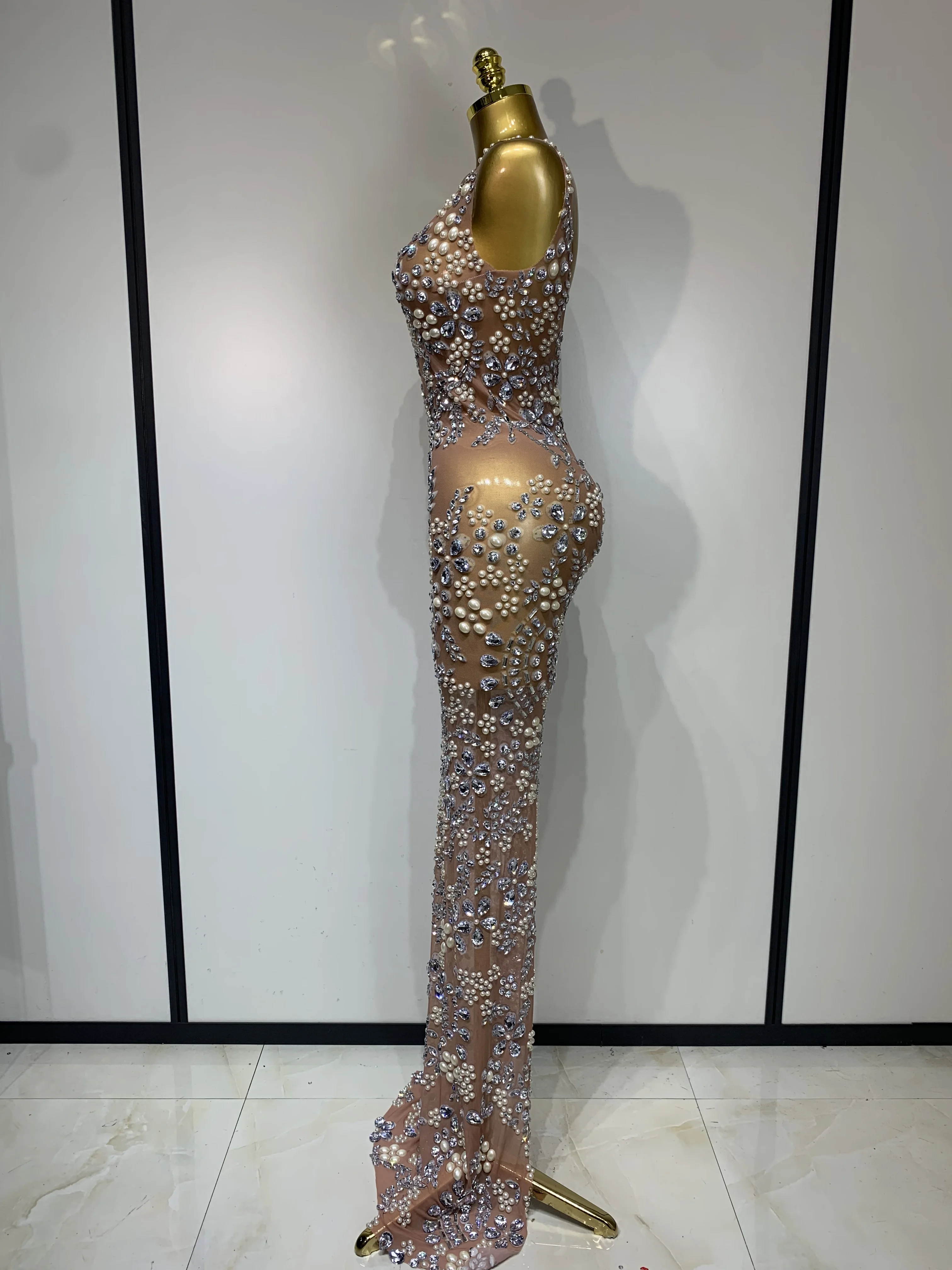 Women Lxury Diamonds Mesh See Through Long Dress Celebrity Elegant Evening Party Fancy Club Dress Singer Performance Costume