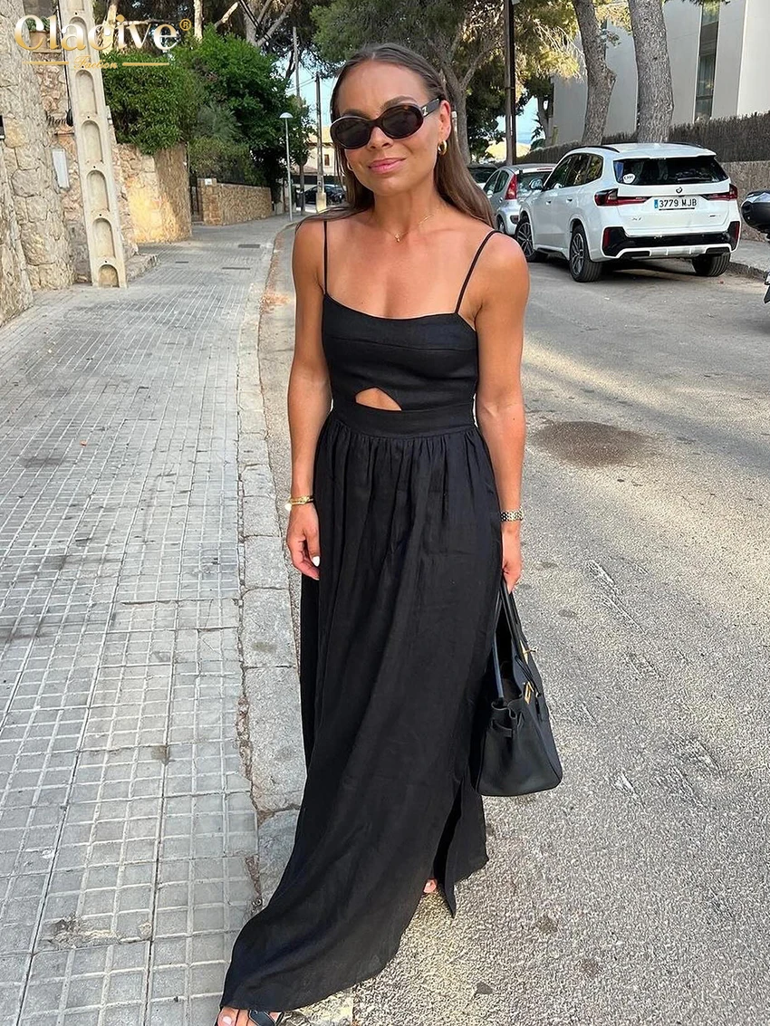 Clacive Sexy Loose Black Cotton Womens Dresses 2024 Summer Strap Sleeveless Ankle Length Dress Elegant Hollow Out Female Dress