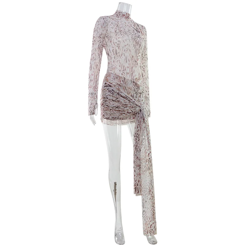 Ahagaga Sexy Sheer Women'Mini Dresses Turtleneck Print Regular Long Sleeves Ribbon Sheath Bodycon Casual Streetwear Female Robe