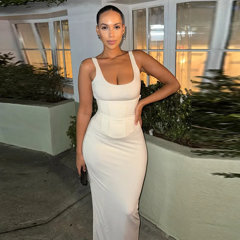 Chic Lace-up Waist Cinching Bodycon Dress Women's Solid Square Collar Backless Spaghetti Strap Long Dresses 2026 New Party Gowns