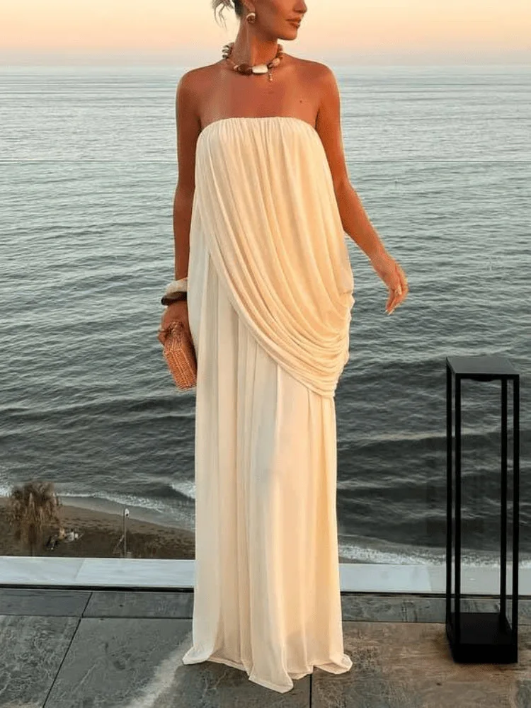 Sexy Strapless Pleated Maxi Dress Women Sleeveless Backless Ruched Loose Long Dresses 2026 New Elegant Beach Evening Party Robes