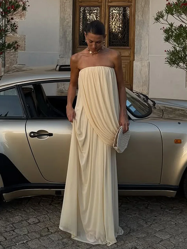 Sexy Strapless Pleated Maxi Dress Women Sleeveless Backless Ruched Loose Long Dresses 2026 New Elegant Beach Evening Party Robes