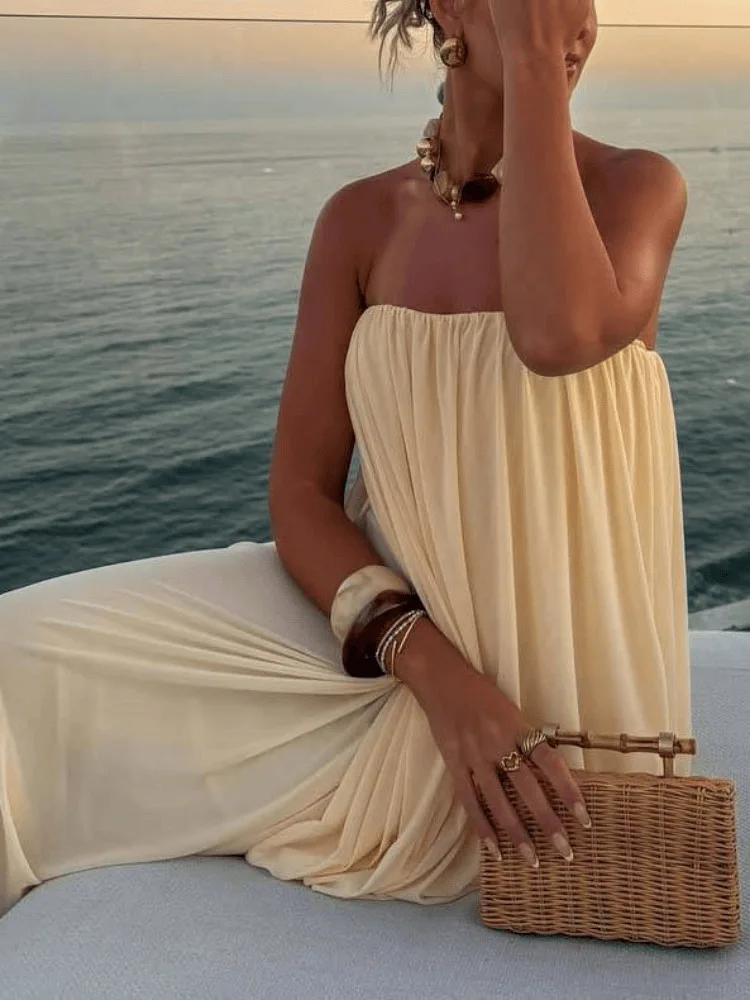 Sexy Strapless Pleated Maxi Dress Women Sleeveless Backless Ruched Loose Long Dresses 2026 New Elegant Beach Evening Party Robes