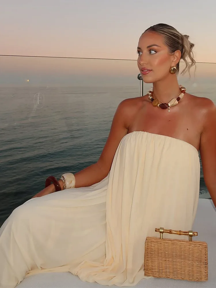 Sexy Strapless Pleated Maxi Dress Women Sleeveless Backless Ruched Loose Long Dresses 2026 New Elegant Beach Evening Party Robes
