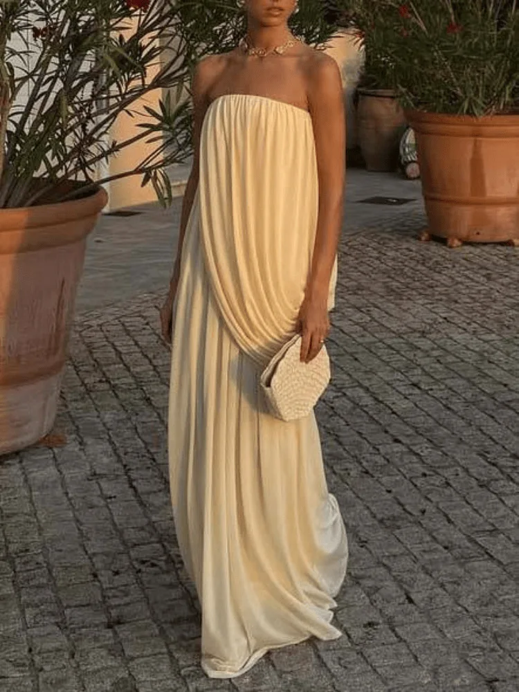 Sexy Strapless Pleated Maxi Dress Women Sleeveless Backless Ruched Loose Long Dresses 2026 New Elegant Beach Evening Party Robes
