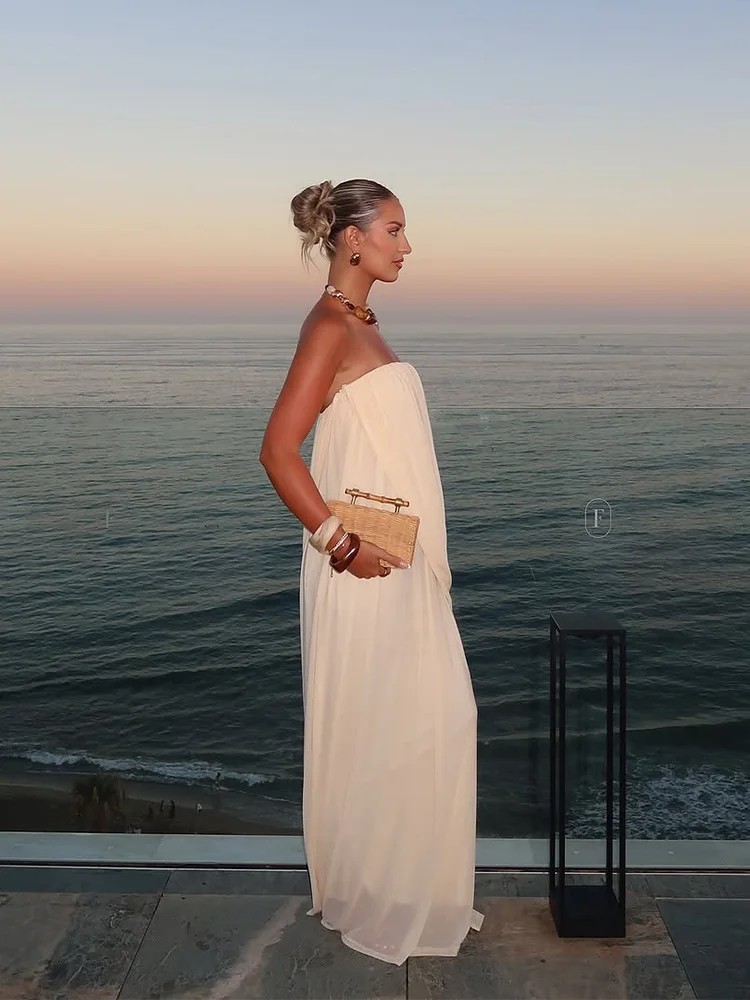 Sexy Strapless Pleated Maxi Dress Women Sleeveless Backless Ruched Loose Long Dresses 2026 New Elegant Beach Evening Party Robes