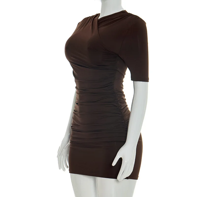 Talenza Elegant Ruched Mini Dress Women's Fashion Solid Vintage Brown Bodycon Sexy Dress Summer High Waist Party Y2k Women Dress