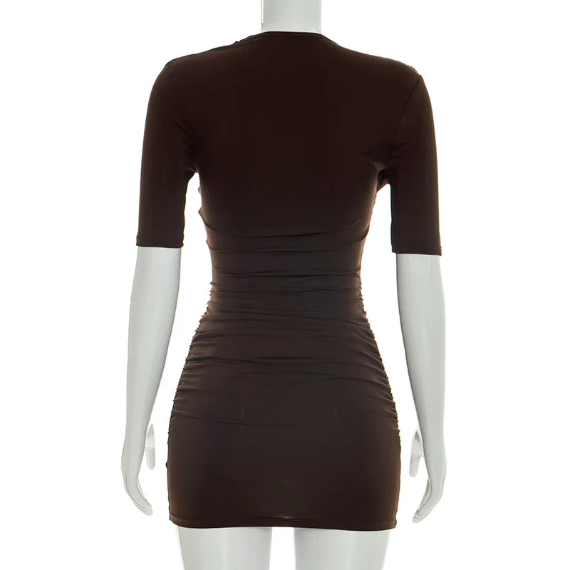 Talenza Elegant Ruched Mini Dress Women's Fashion Solid Vintage Brown Bodycon Sexy Dress Summer High Waist Party Y2k Women Dress