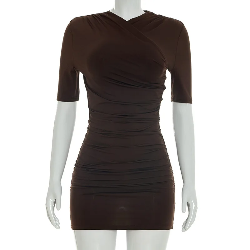 Talenza Elegant Ruched Mini Dress Women's Fashion Solid Vintage Brown Bodycon Sexy Dress Summer High Waist Party Y2k Women Dress