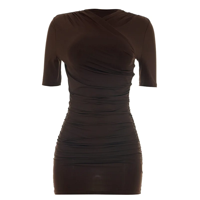 Talenza Elegant Ruched Mini Dress Women's Fashion Solid Vintage Brown Bodycon Sexy Dress Summer High Waist Party Y2k Women Dress