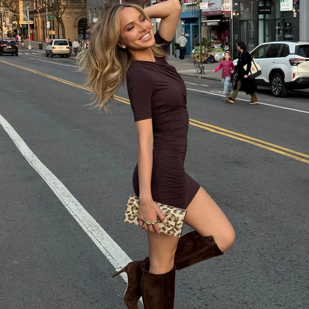Talenza Elegant Ruched Mini Dress Women's Fashion Solid Vintage Brown Bodycon Sexy Dress Summer High Waist Party Y2k Women Dress