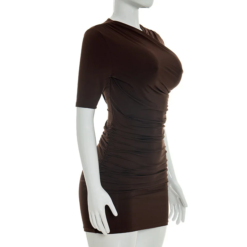Talenza Elegant Ruched Mini Dress Women's Fashion Solid Vintage Brown Bodycon Sexy Dress Summer High Waist Party Y2k Women Dress