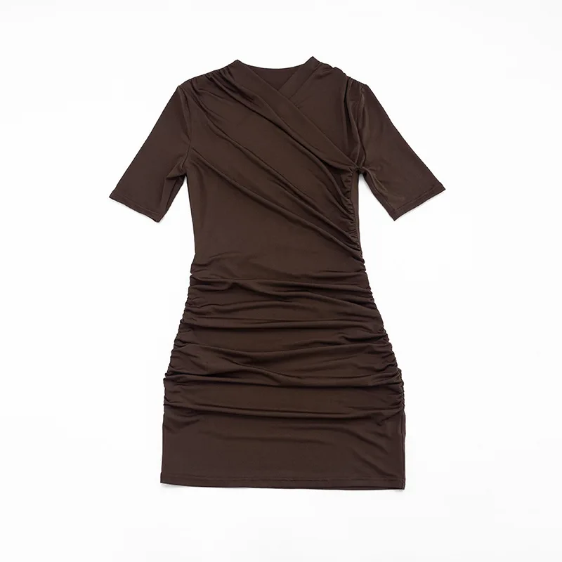 Talenza Elegant Ruched Mini Dress Women's Fashion Solid Vintage Brown Bodycon Sexy Dress Summer High Waist Party Y2k Women Dress