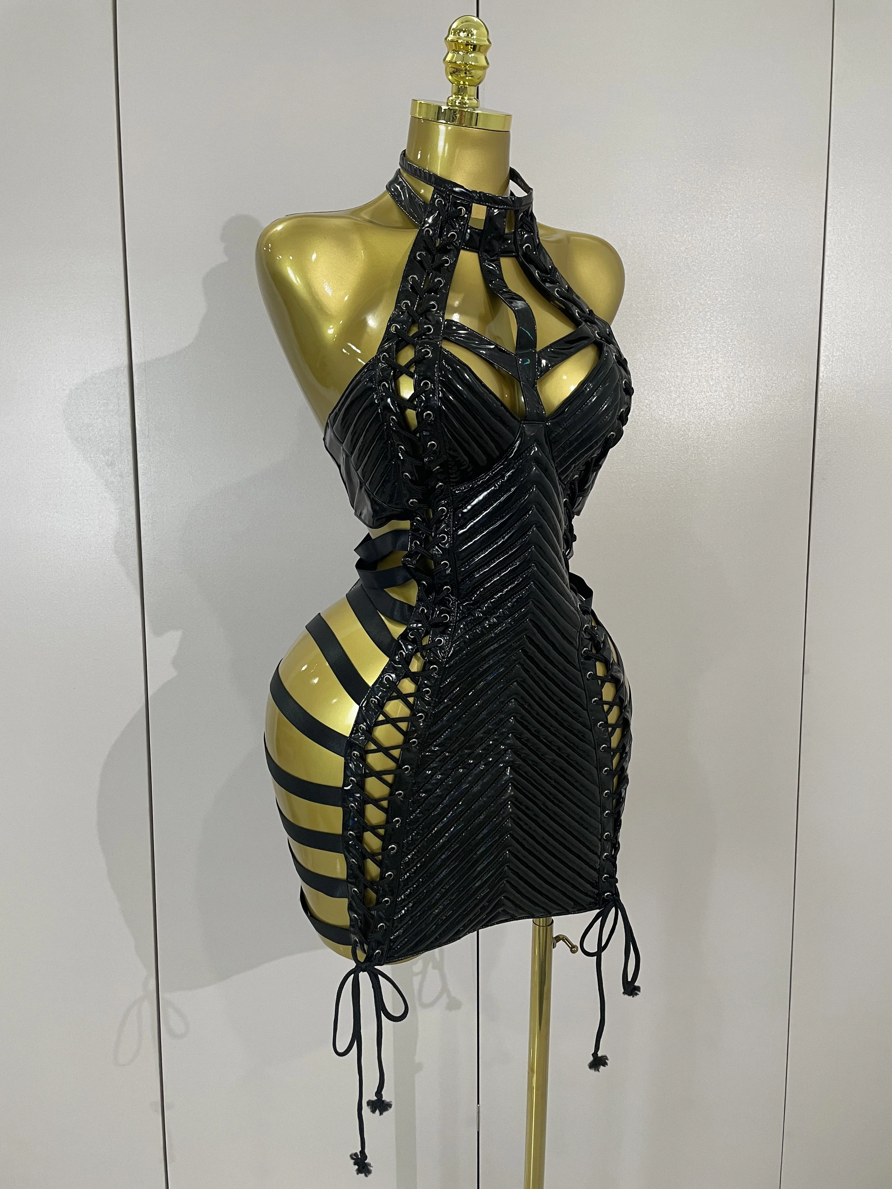 Sexy Black Leather Hollow Out Gothic Bandage Halter Short Dress Women Gogo Dance Singer Nightclub Bar Performance Stage Wear
