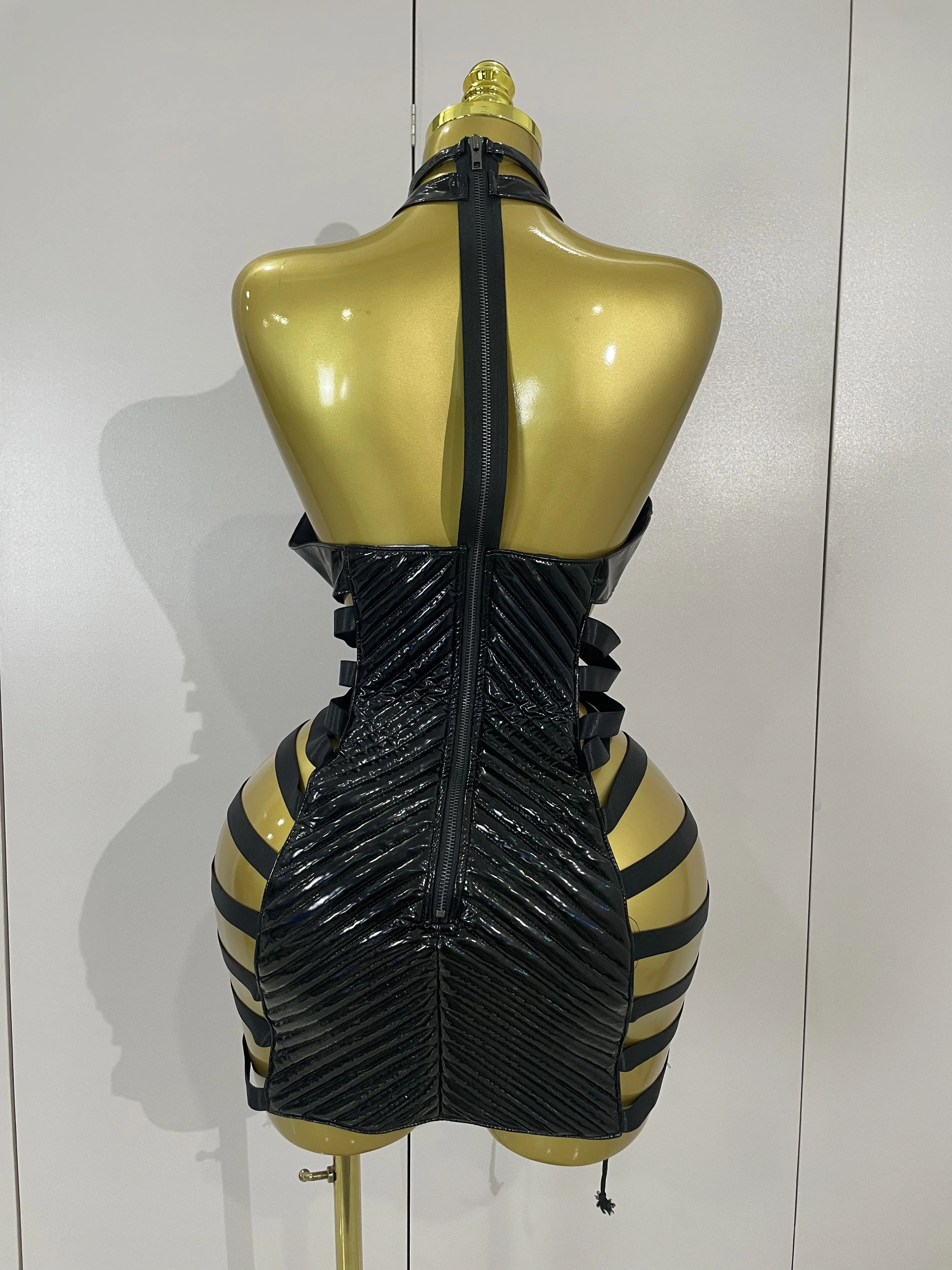 Sexy Black Leather Hollow Out Gothic Bandage Halter Short Dress Women Gogo Dance Singer Nightclub Bar Performance Stage Wear