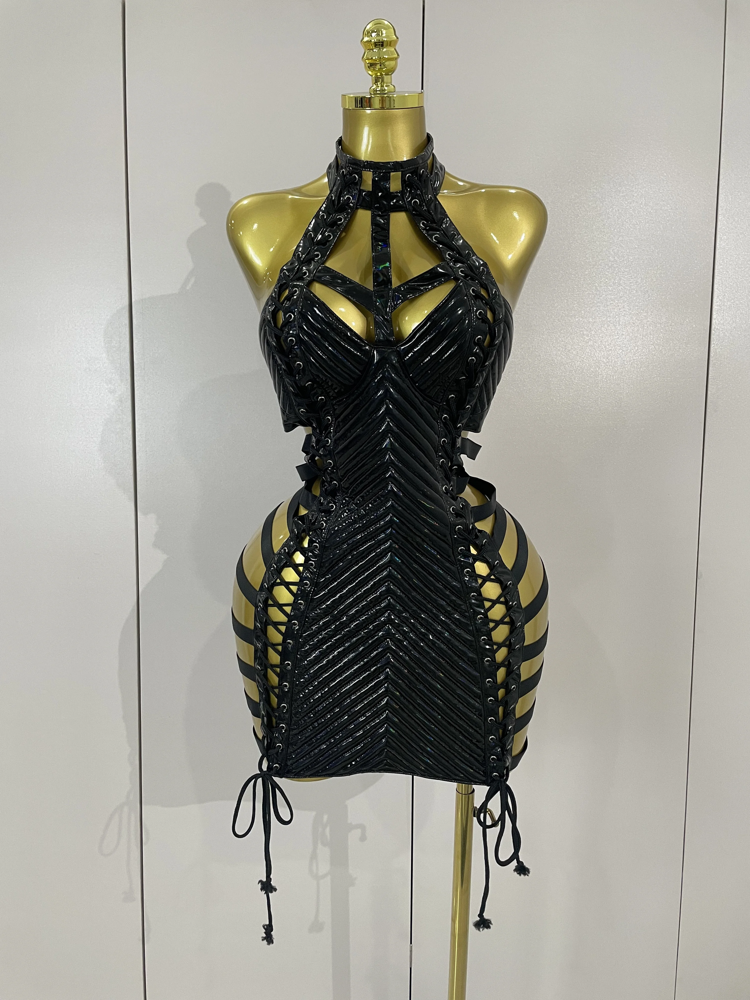 Sexy Black Leather Hollow Out Gothic Bandage Halter Short Dress Women Gogo Dance Singer Nightclub Bar Performance Stage Wear