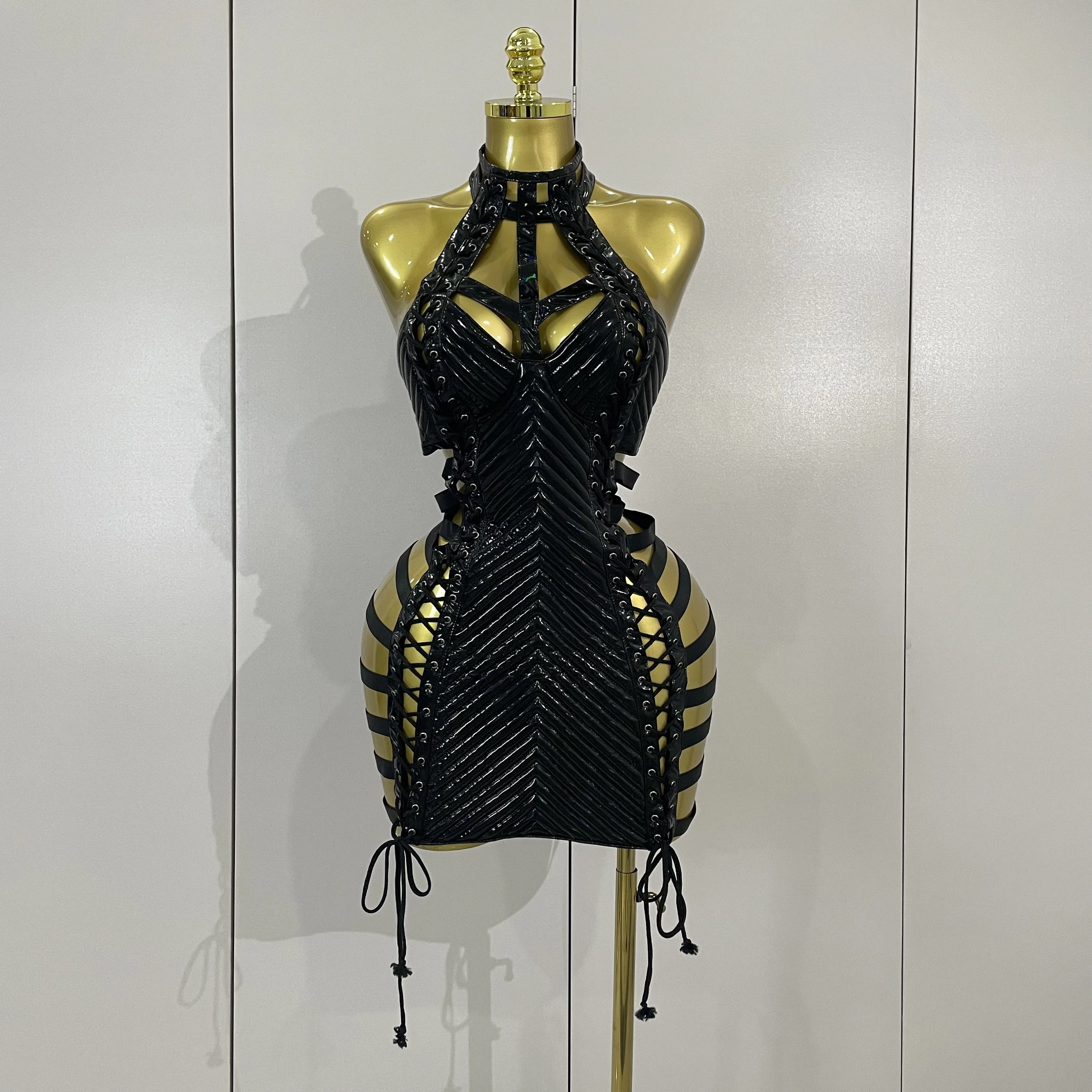 Sexy Black Leather Hollow Out Gothic Bandage Halter Short Dress Women Gogo Dance Singer Nightclub Bar Performance Stage Wear