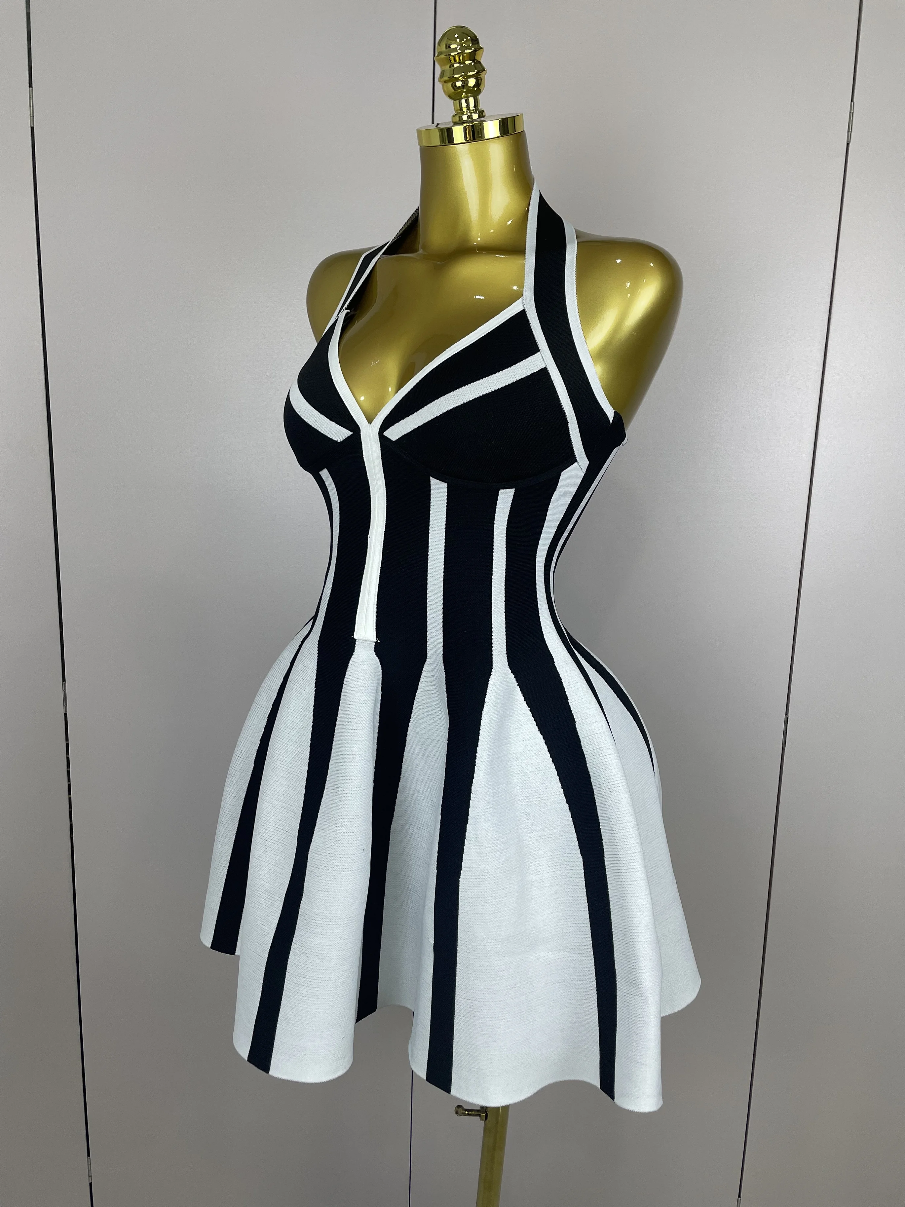 Sexy Backless Black White Stripes Halter Bandage A Line Short Dress 2025Women Celebrity Elegant Evening Party Holiday Club Dress