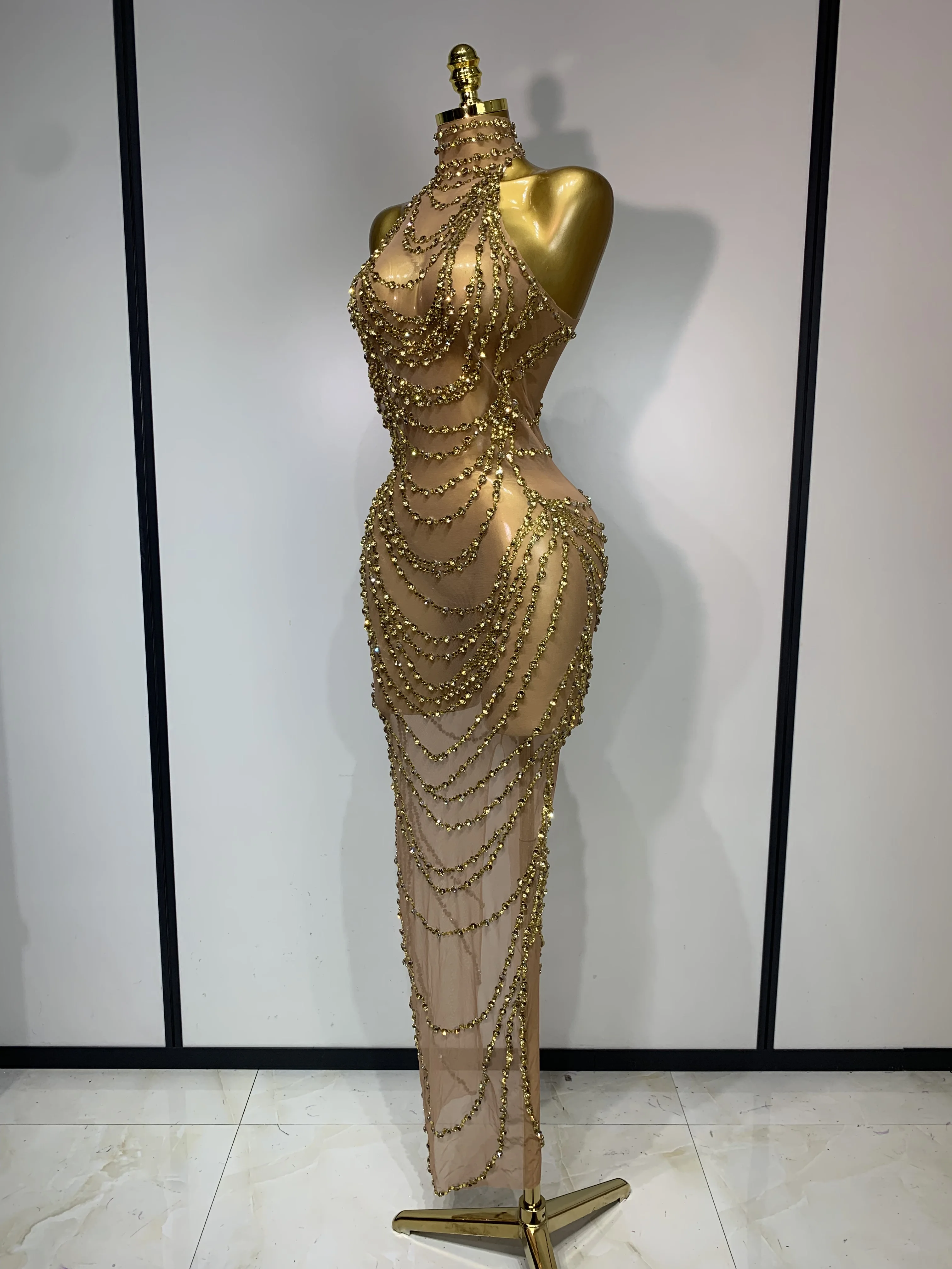 Sparkly Rhinestone Sexy Transparent Mesh Long Dress 2025 Women Luxury Birthday Club Party Gown Stage Singer Performance Costume