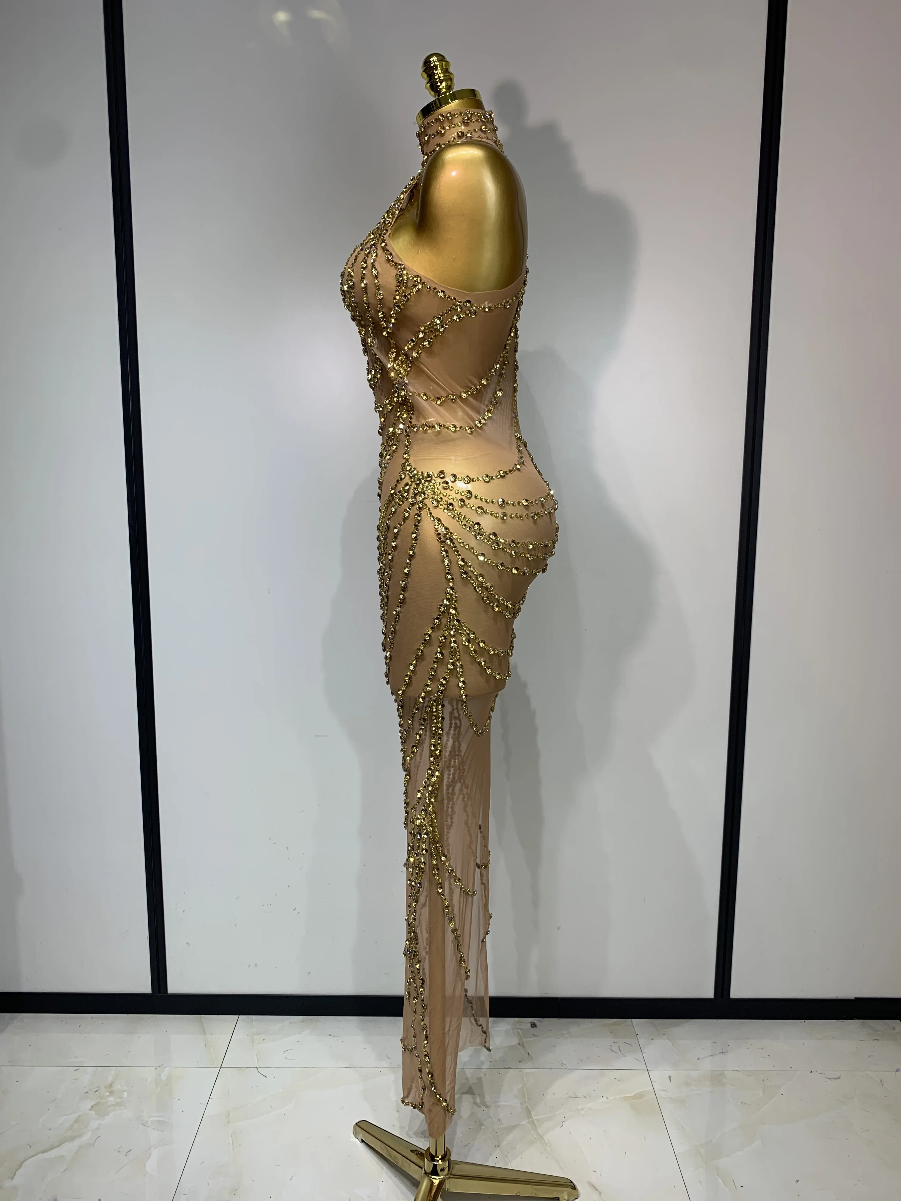 Sparkly Rhinestone Sexy Transparent Mesh Long Dress 2025 Women Luxury Birthday Club Party Gown Stage Singer Performance Costume