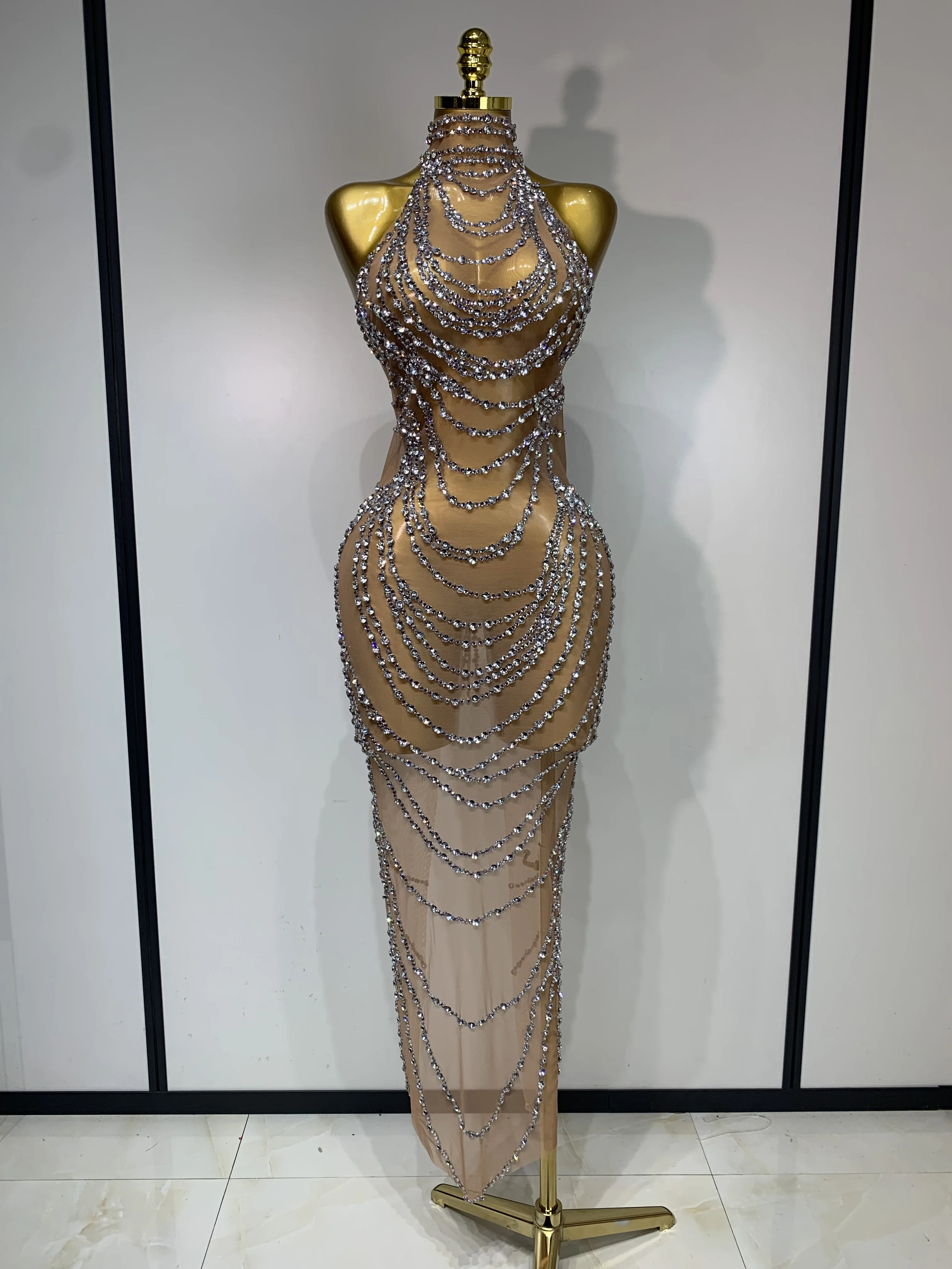 Sparkly Rhinestone Sexy Transparent Mesh Long Dress 2025 Women Luxury Birthday Club Party Gown Stage Singer Performance Costume