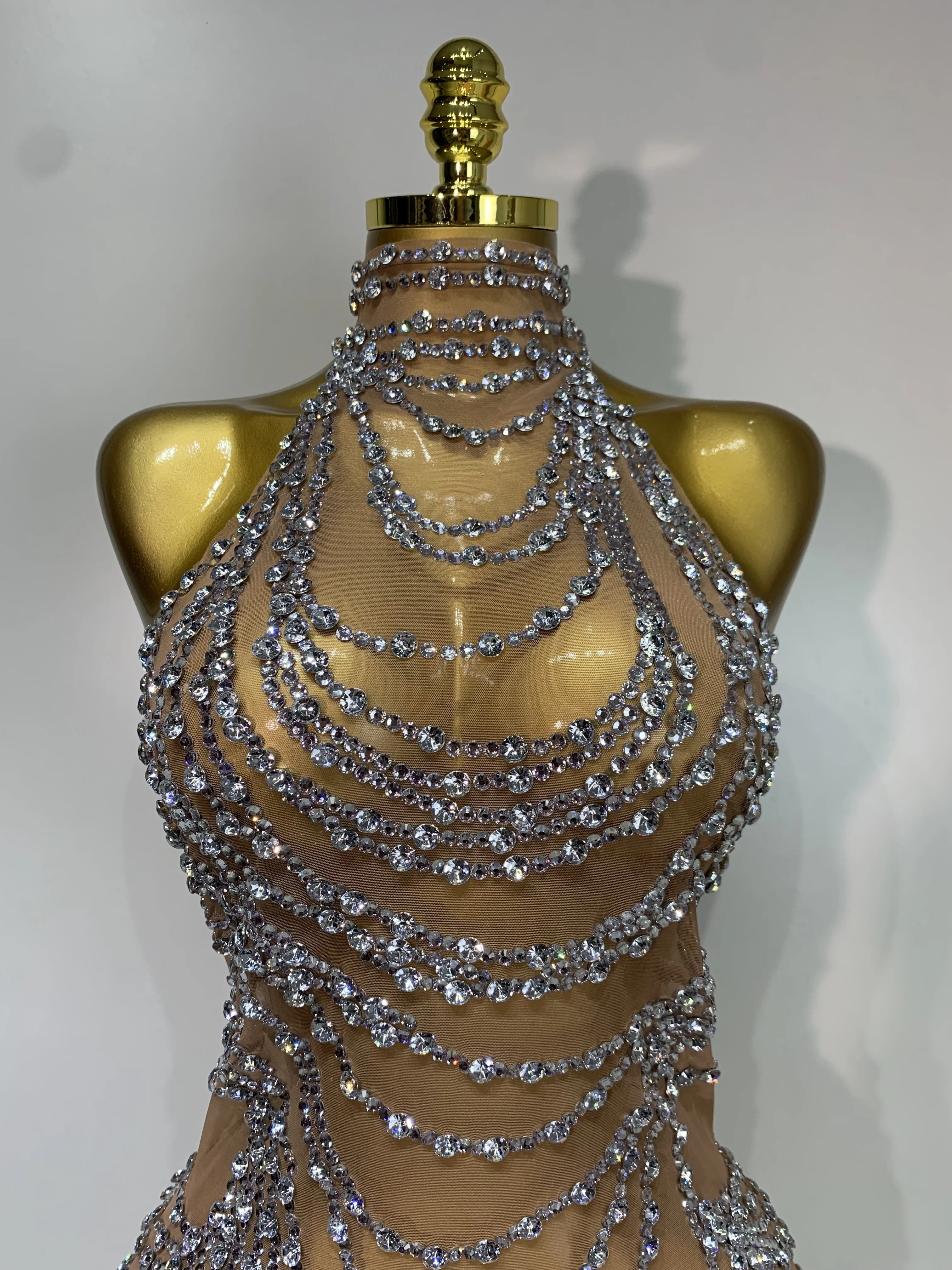 Sparkly Rhinestone Sexy Transparent Mesh Long Dress 2025 Women Luxury Birthday Club Party Gown Stage Singer Performance Costume